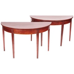 Antique Pair of George III Mahogany Inlaid Demilune Console Tables