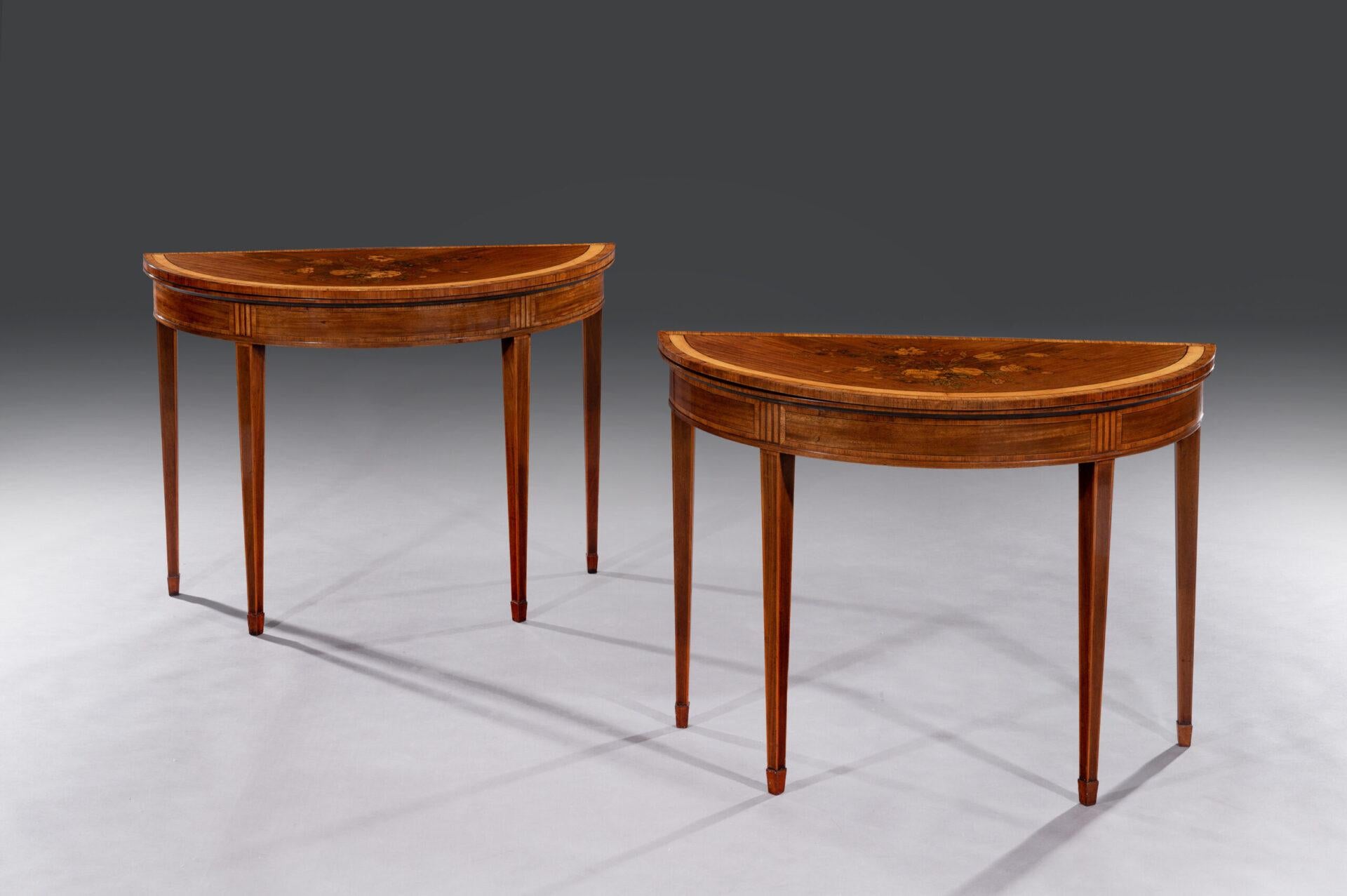 English Pair of George III Marquetry Inlaid Card Tables For Sale