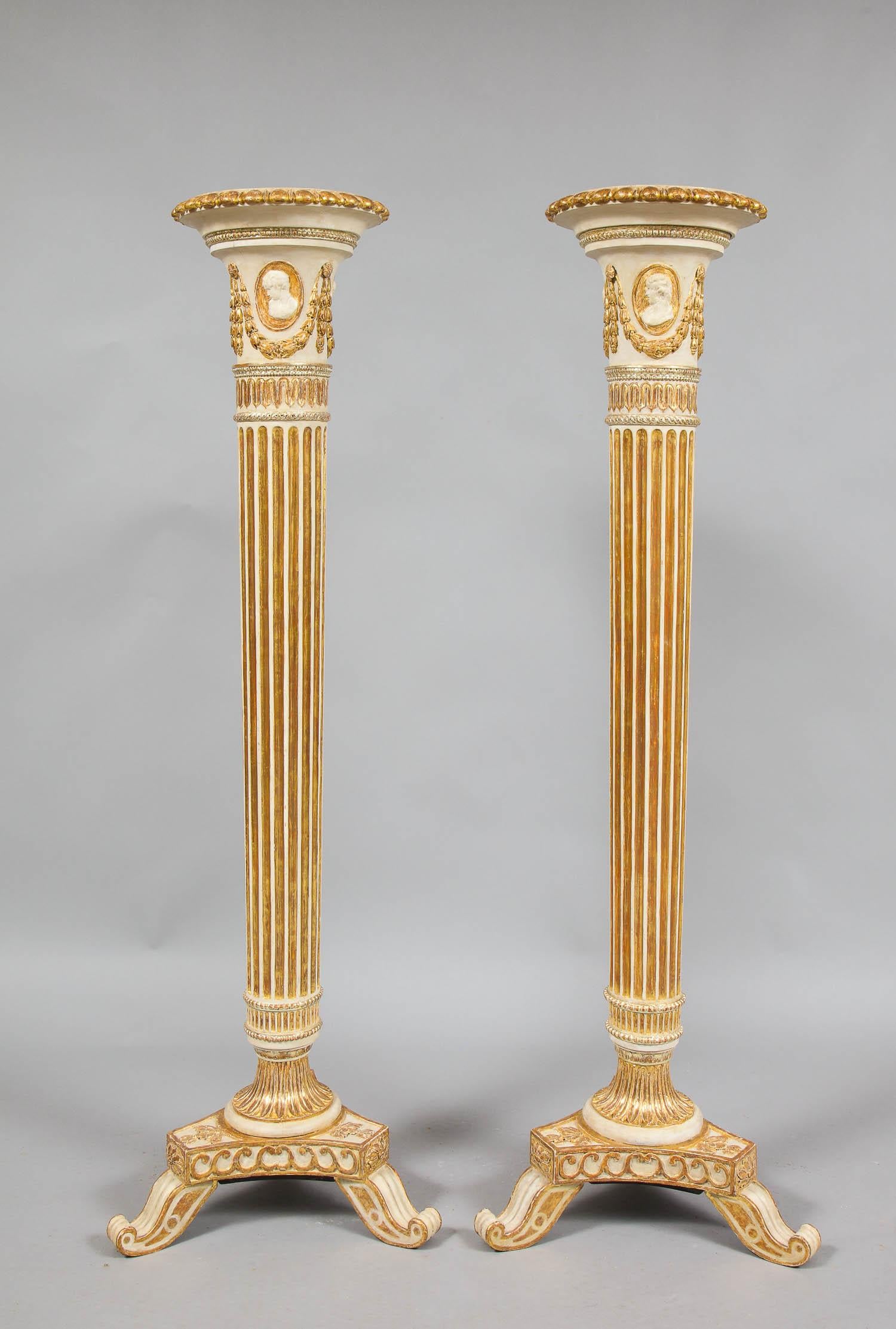 Adam Style Pair of George III Painted and Giltwood Pedestals For Sale