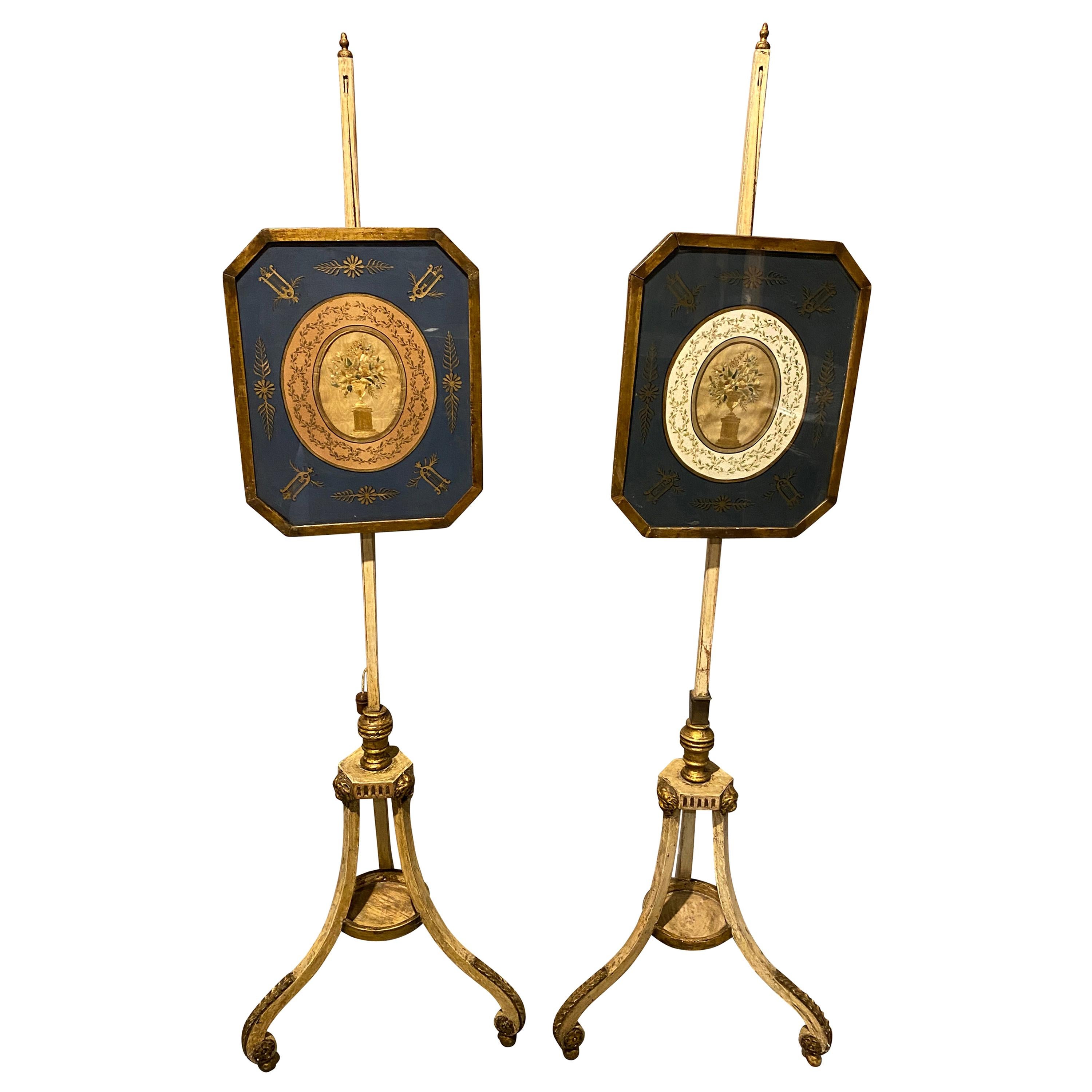 Pair of George III Painted and Giltwood Pole Screens