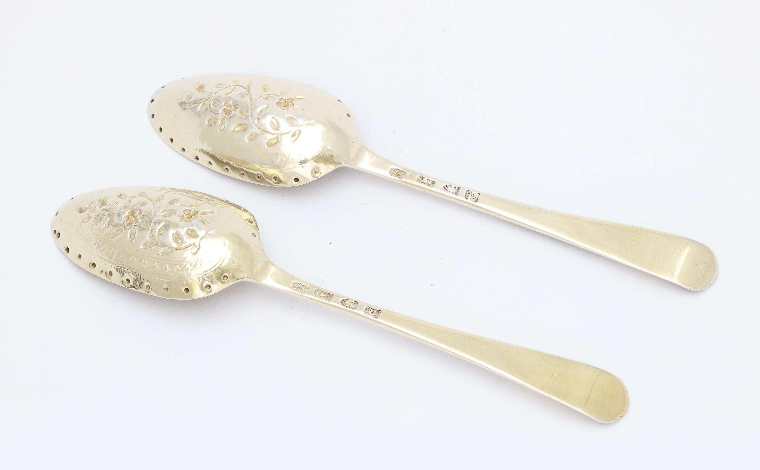 Late 18th Century Pair of George III Period Sterling Silver-Gilt Serving Spoons For Sale