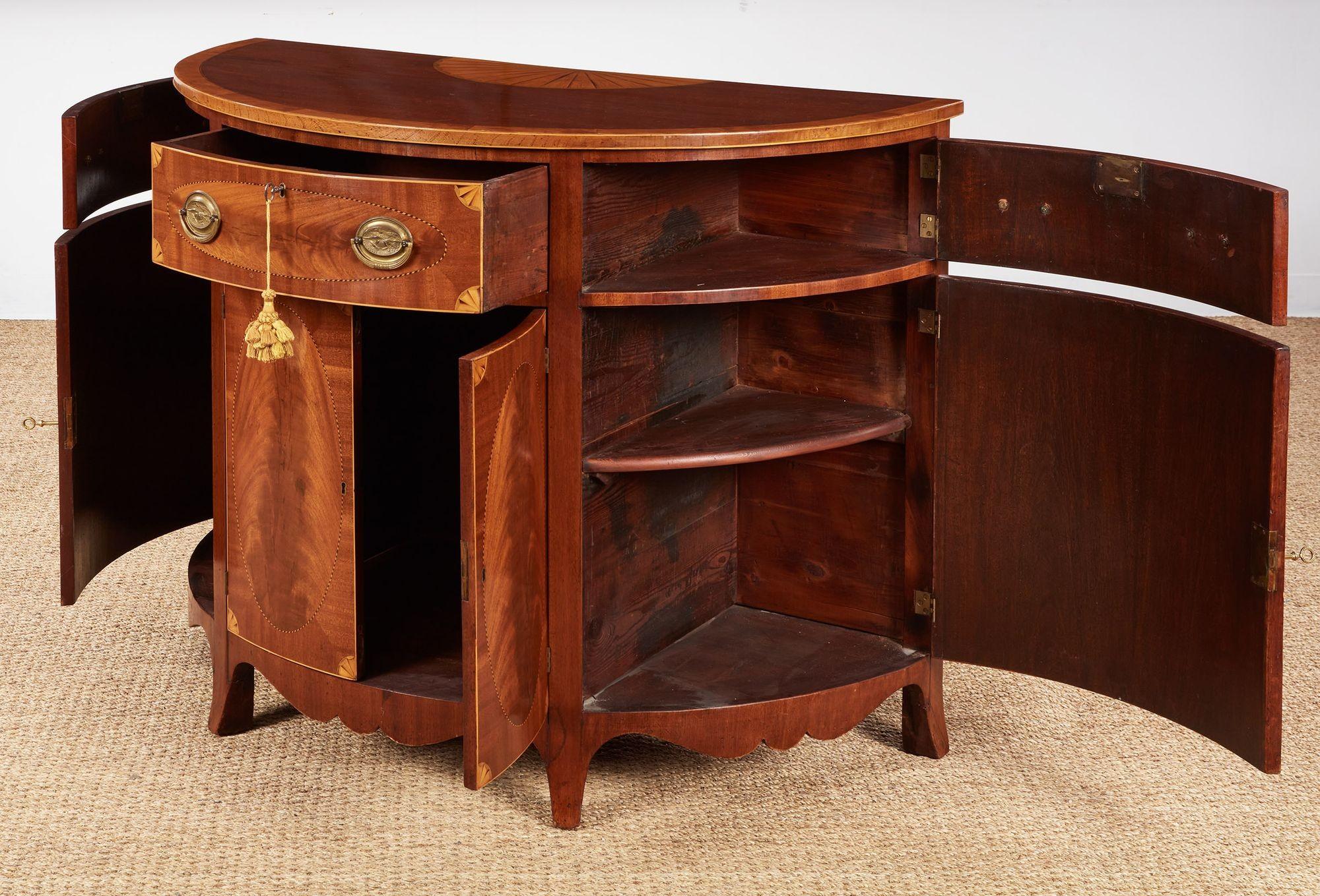 Pair of George III Satinwood Inlaid Demilune Console Cabinets For Sale 7