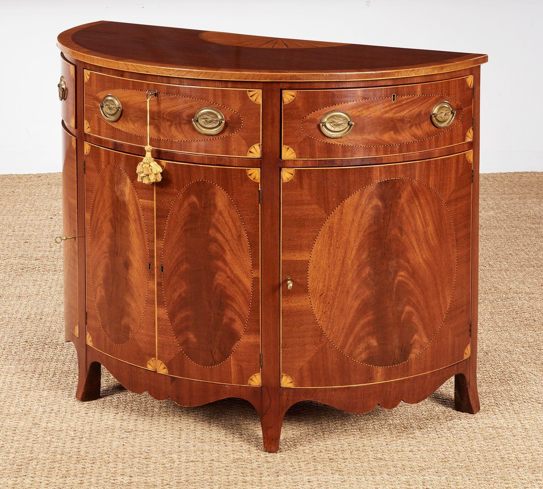 English Pair of George III Satinwood Inlaid Demilune Console Cabinets For Sale