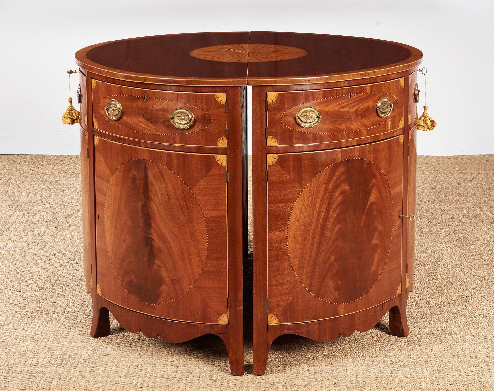 Pair of George III Satinwood Inlaid Demilune Console Cabinets In Good Condition For Sale In Greenwich, CT