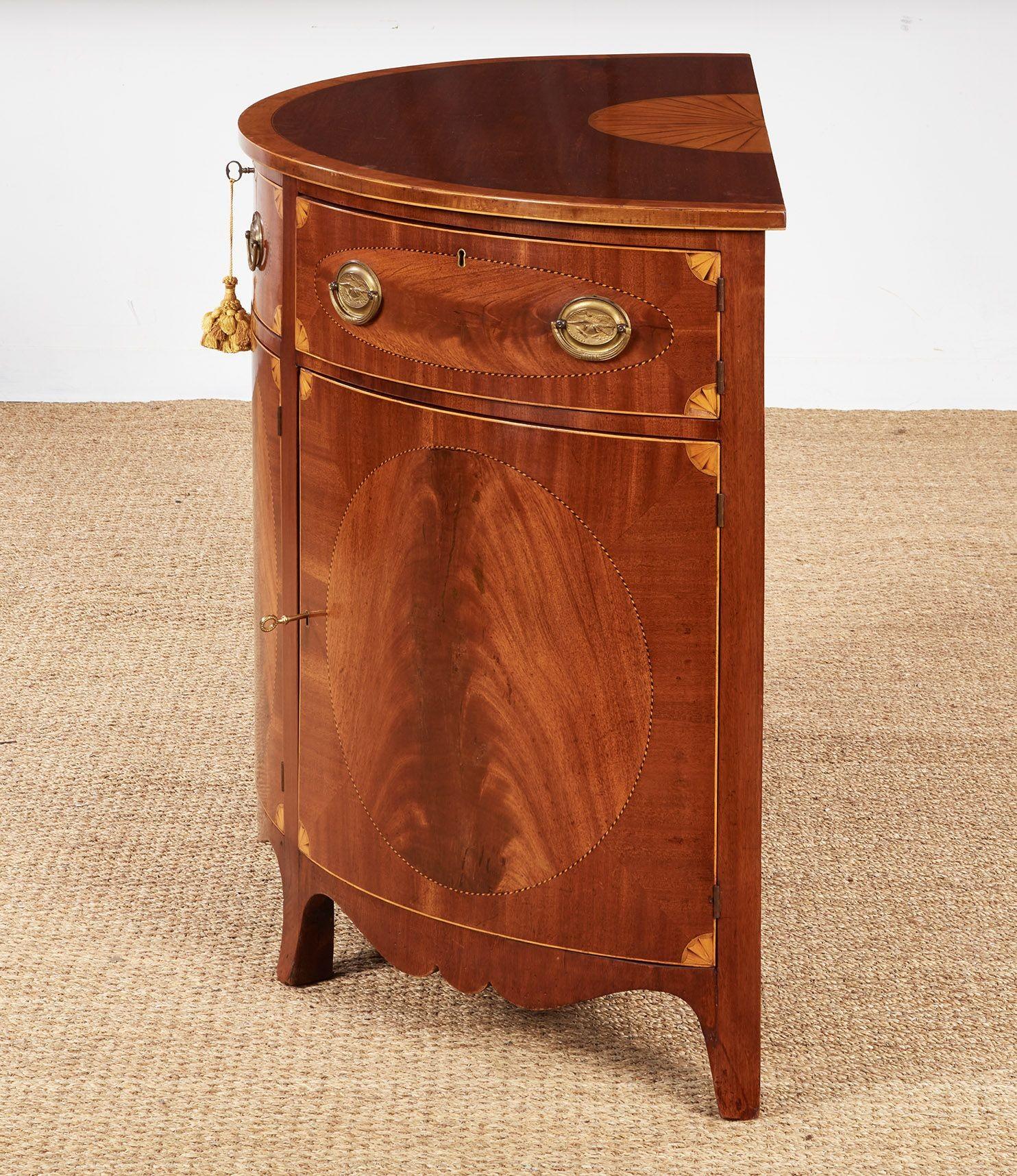 Mahogany Pair of George III Satinwood Inlaid Demilune Console Cabinets For Sale