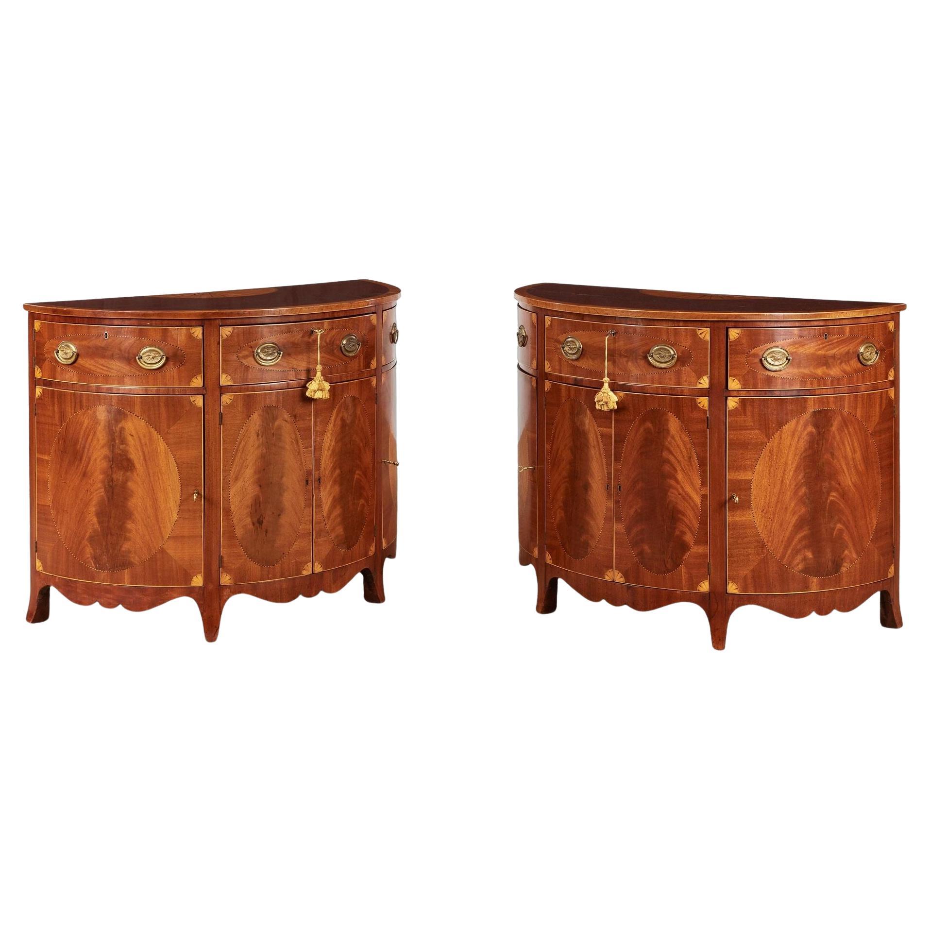 Pair of George III Satinwood Inlaid Demilune Console Cabinets For Sale