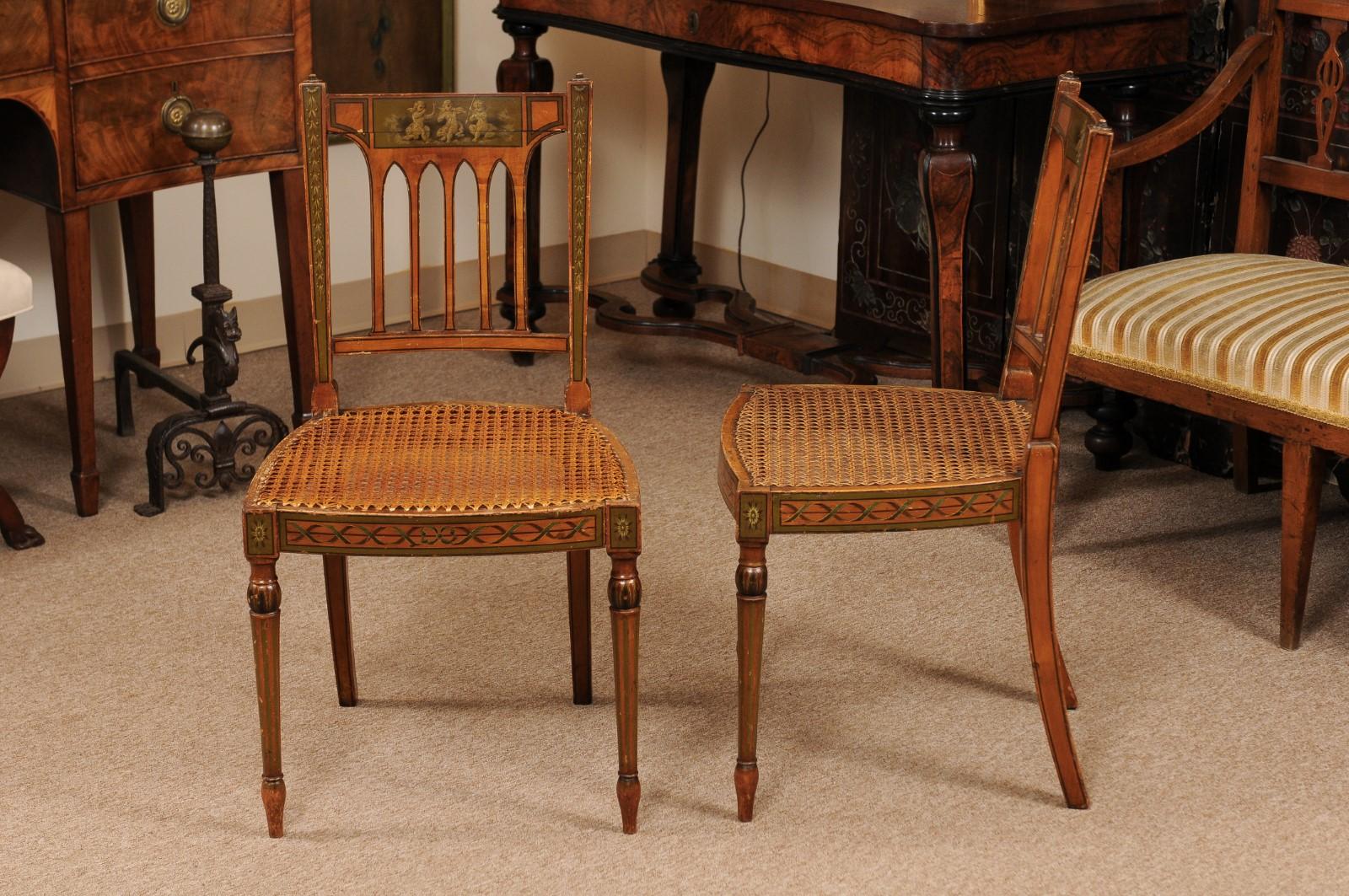 Pair of George III Satinwood Side Chairs with Grisaille Painted Backsplats For Sale 4