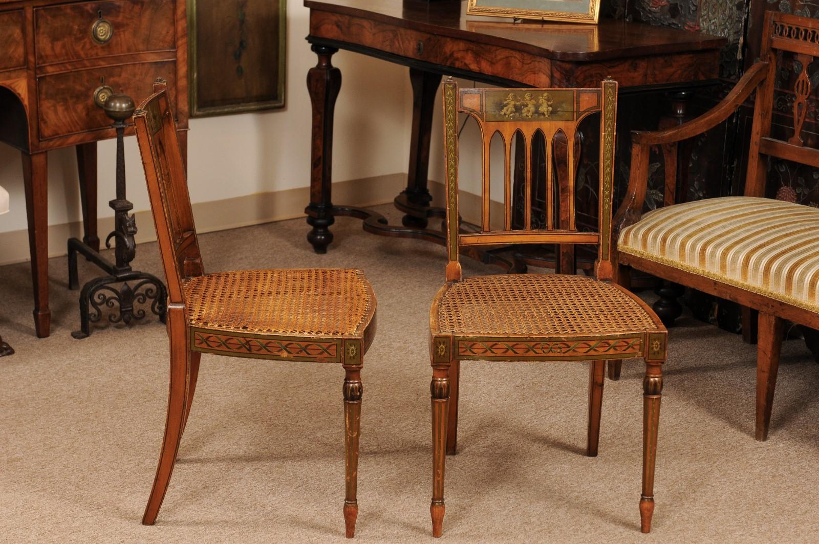 Pair of George III Satinwood Side Chairs with Grisaille Painted Backsplats For Sale 5