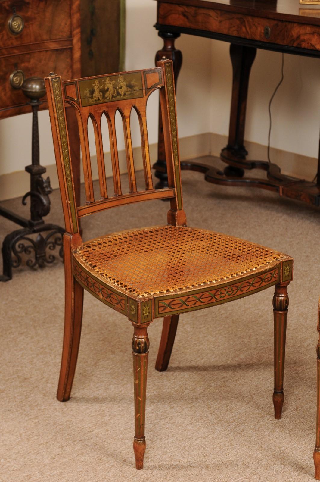 English Pair of George III Satinwood Side Chairs with Grisaille Painted Backsplats For Sale