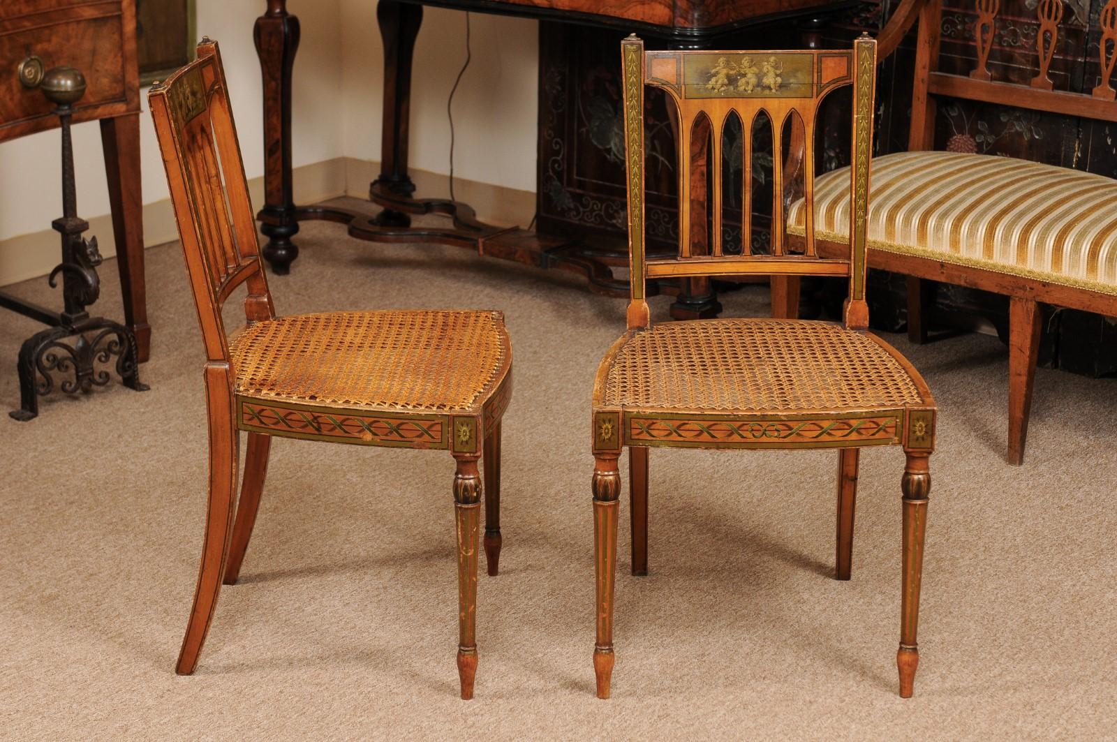 Pair of George III Satinwood Side Chairs with Grisaille Painted Backsplats In Good Condition For Sale In Atlanta, GA