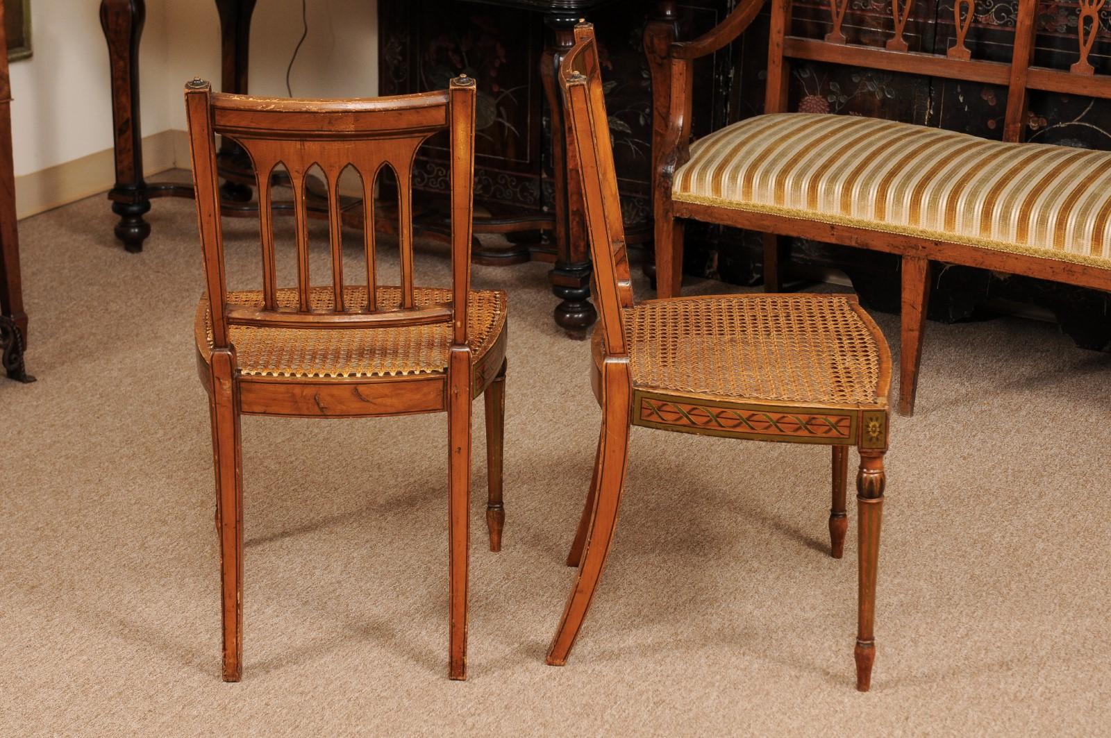 Pair of George III Satinwood Side Chairs with Grisaille Painted Backsplats For Sale 1