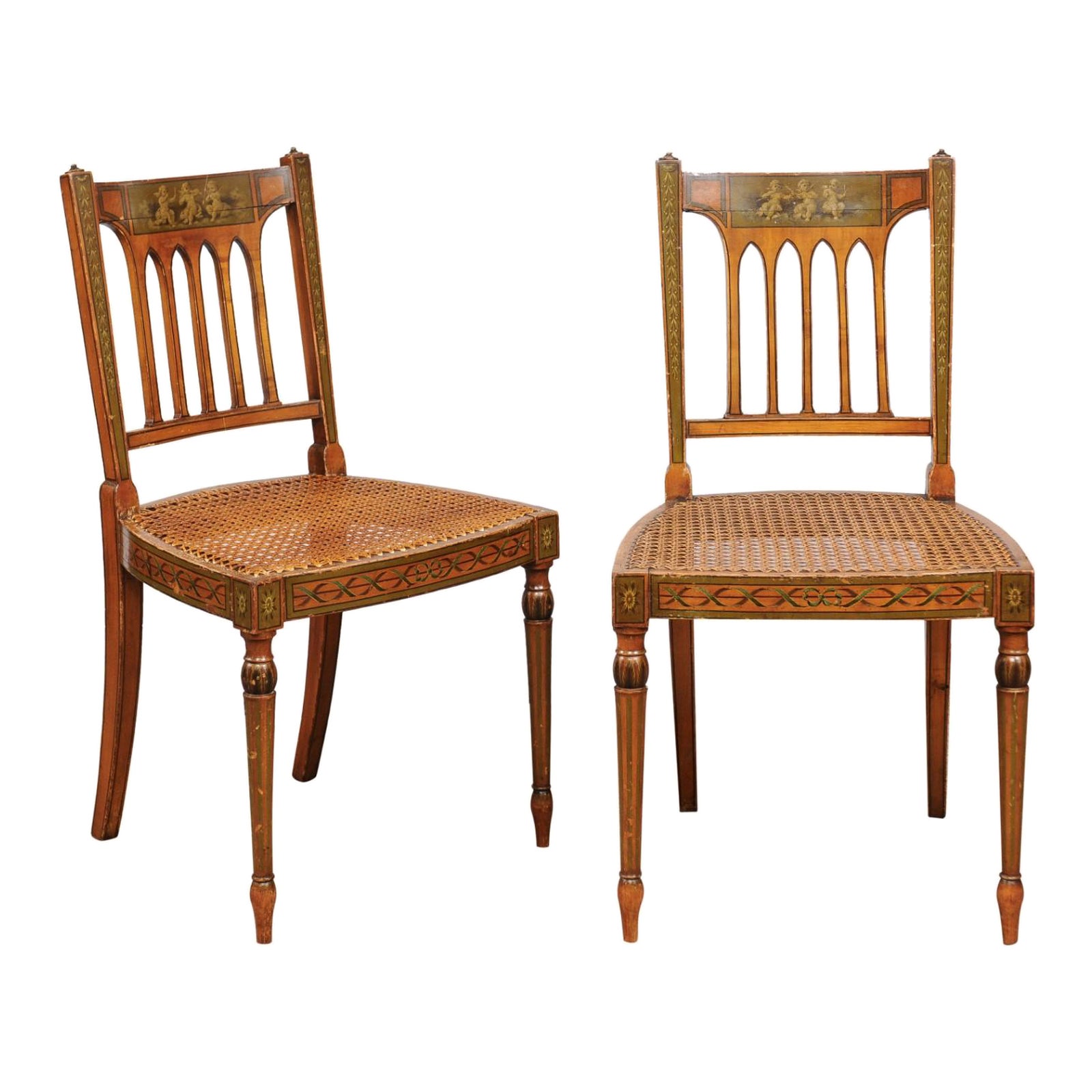 Coppia di poltrone George III in legno satinato con schienale dipinto a grisaglia