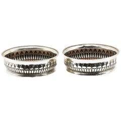 Pair of George III Silver Half Fluted Wine Coasters with Turned Fruitwood Base