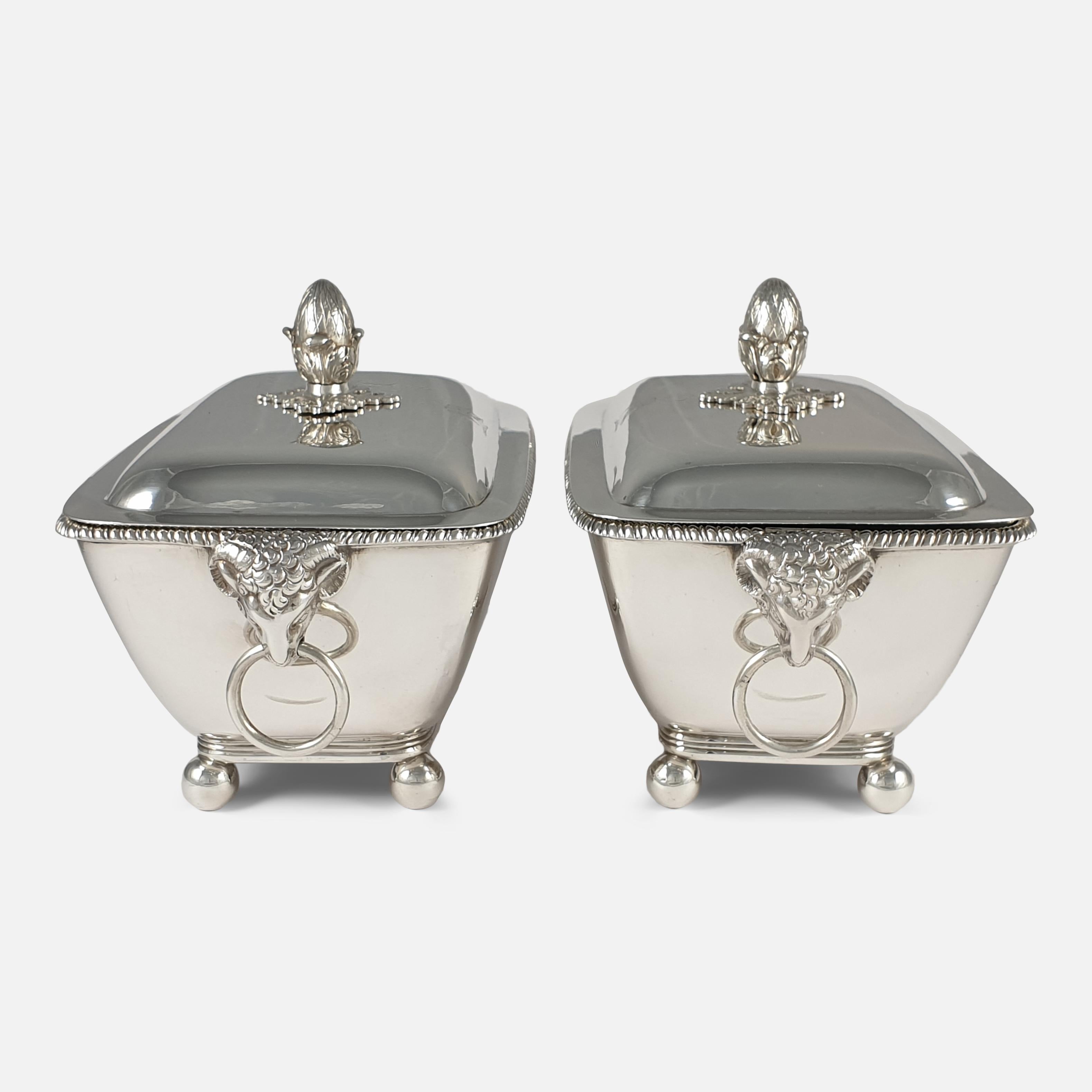 British Pair of George III Silver Sauce Tureens and Covers, John Robins, London, 1802 For Sale