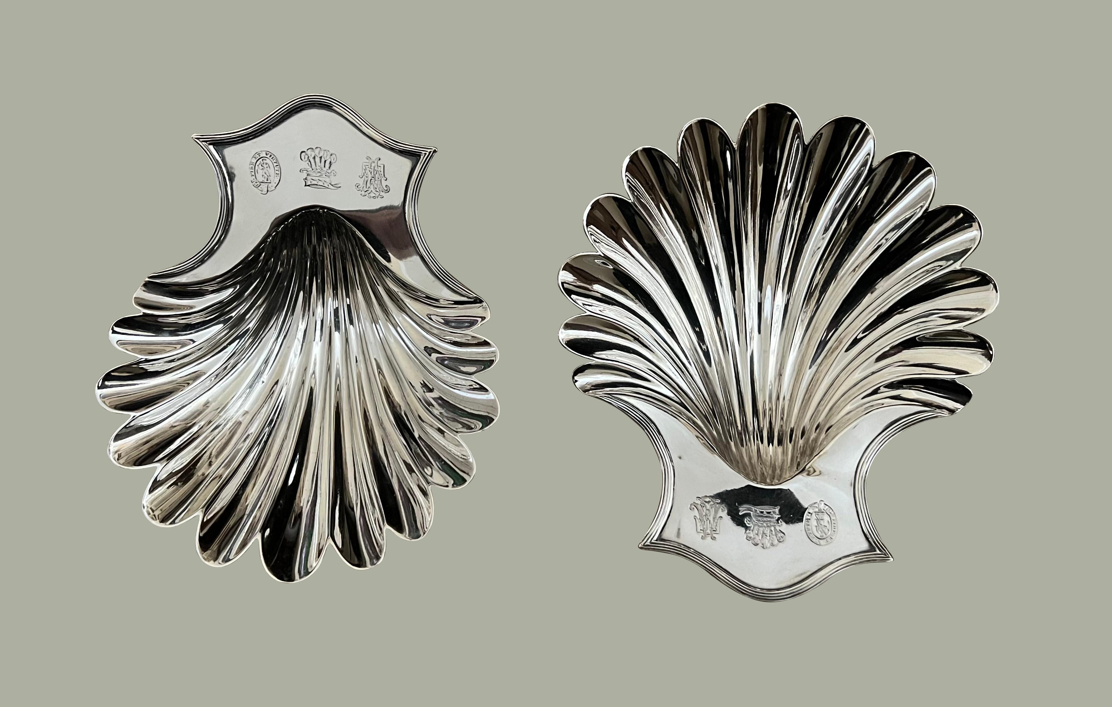 A fine pair of George III sterling silver butter dishes of shell form made by and fully hallmarked for Peter, Ann & William Bateman, London 1802. The Bateman family of silversmiths was very well-known in their time in part because Ann Bateman was