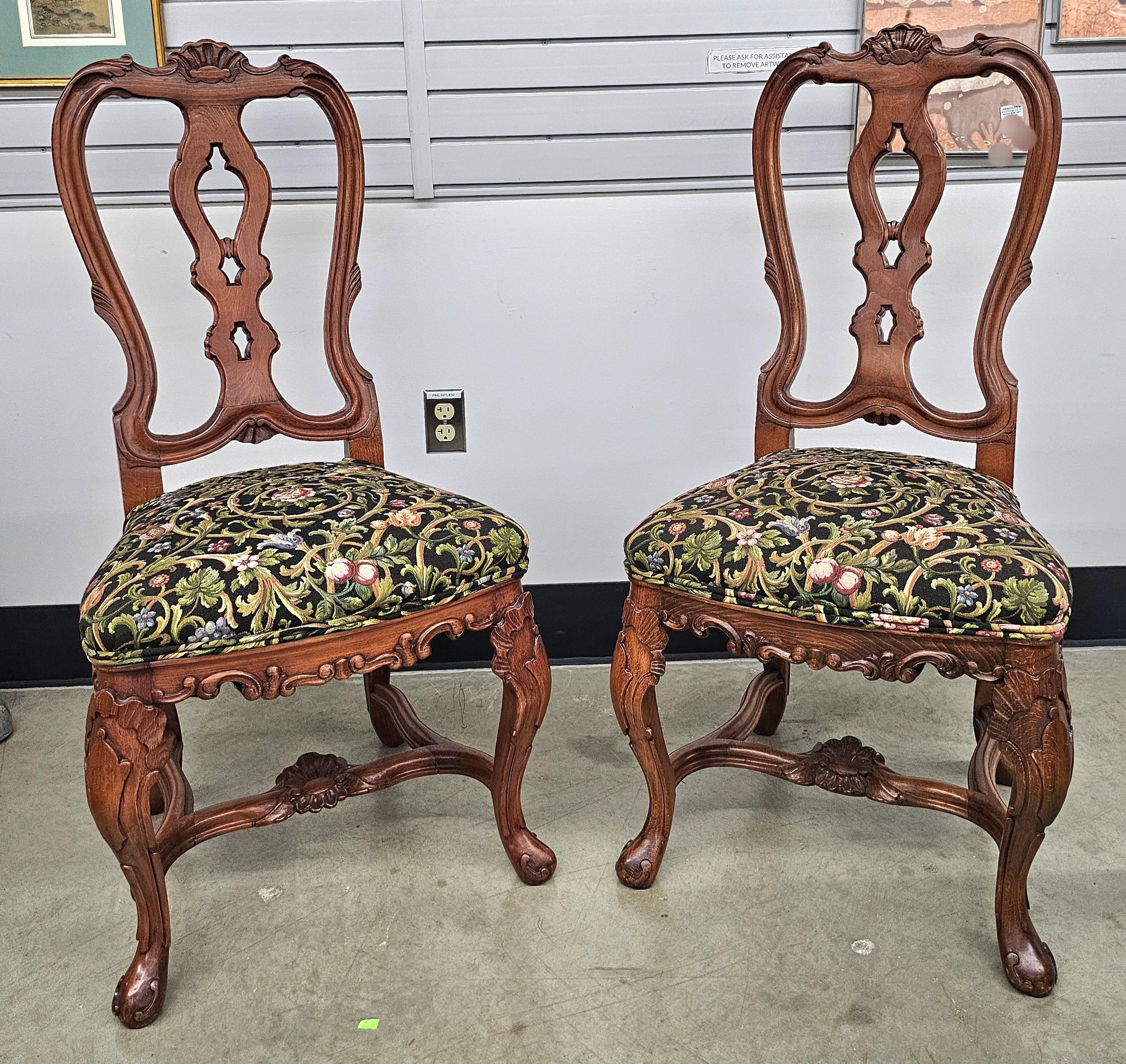 Pair of George III Style Carved Fruitwood and Floral Upholstered Side Chairs For Sale 1