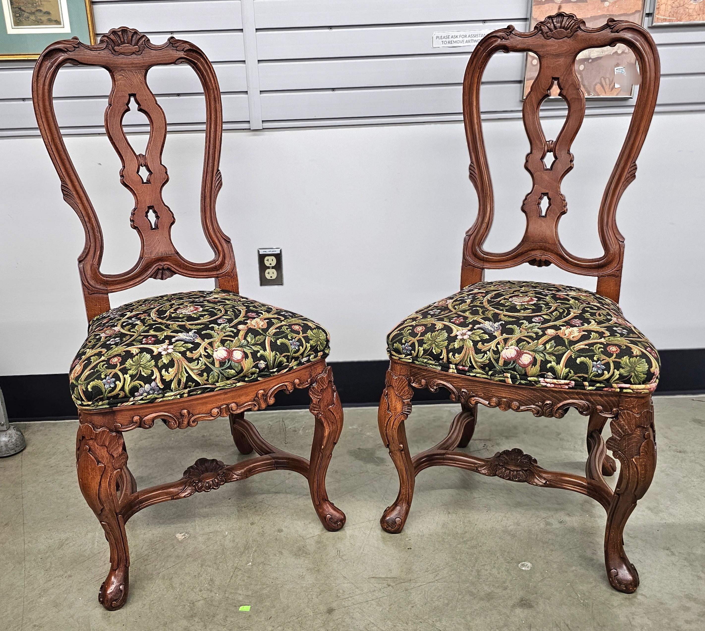 Pair of George III Style Carved Fruitwood and Floral Upholstered Side Chairs For Sale 2