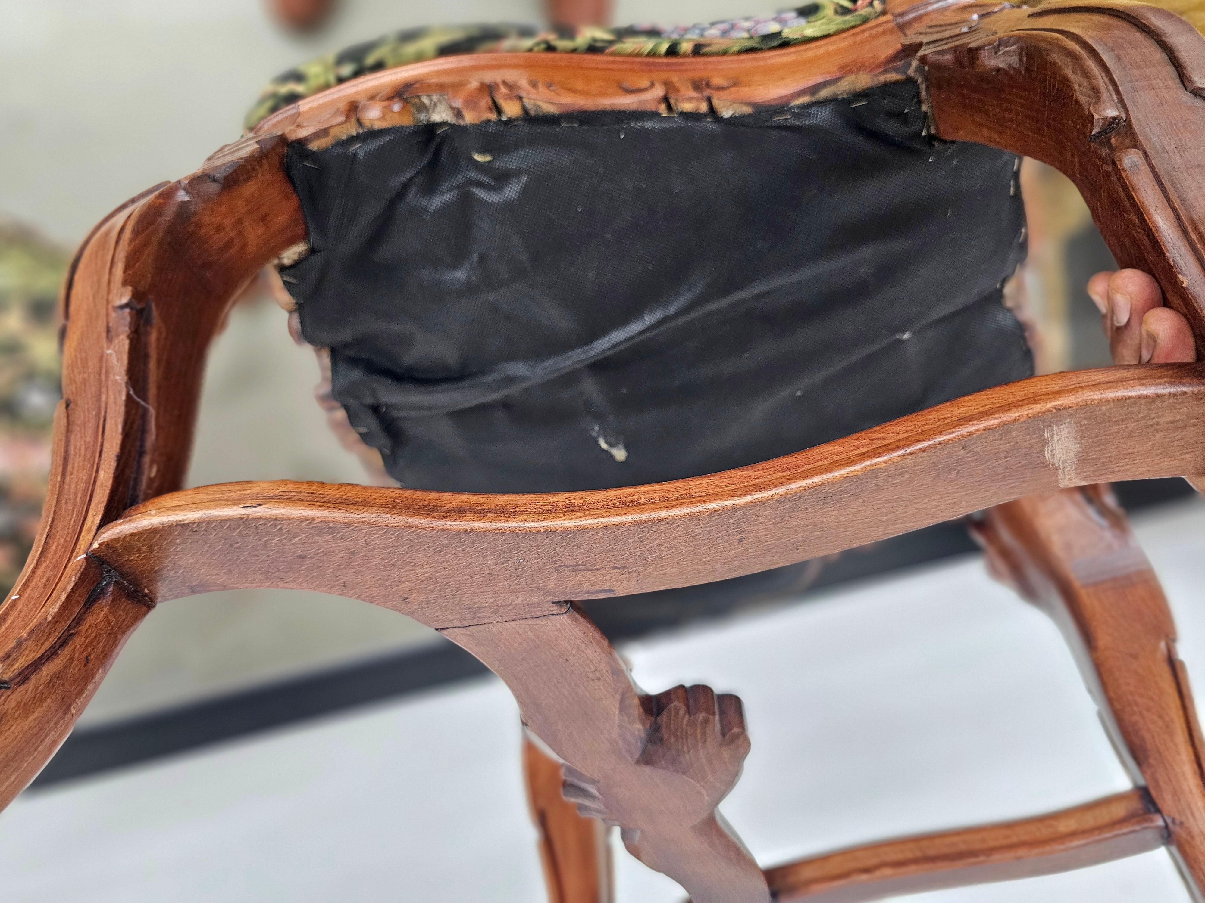 Pair of George III Style Carved Fruitwood and Floral Upholstered Side Chairs For Sale 3