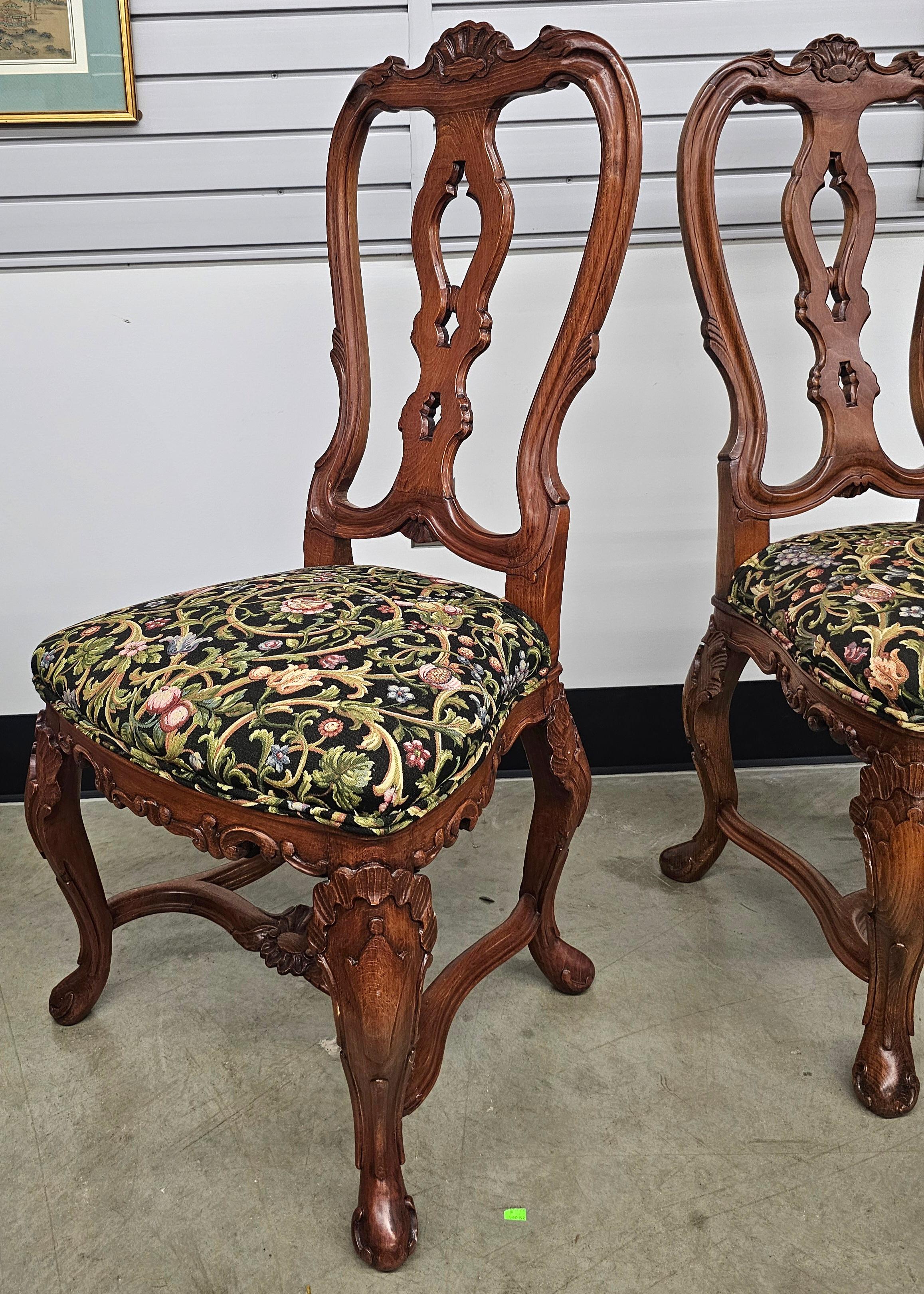 American Pair of George III Style Carved Fruitwood and Floral Upholstered Side Chairs For Sale