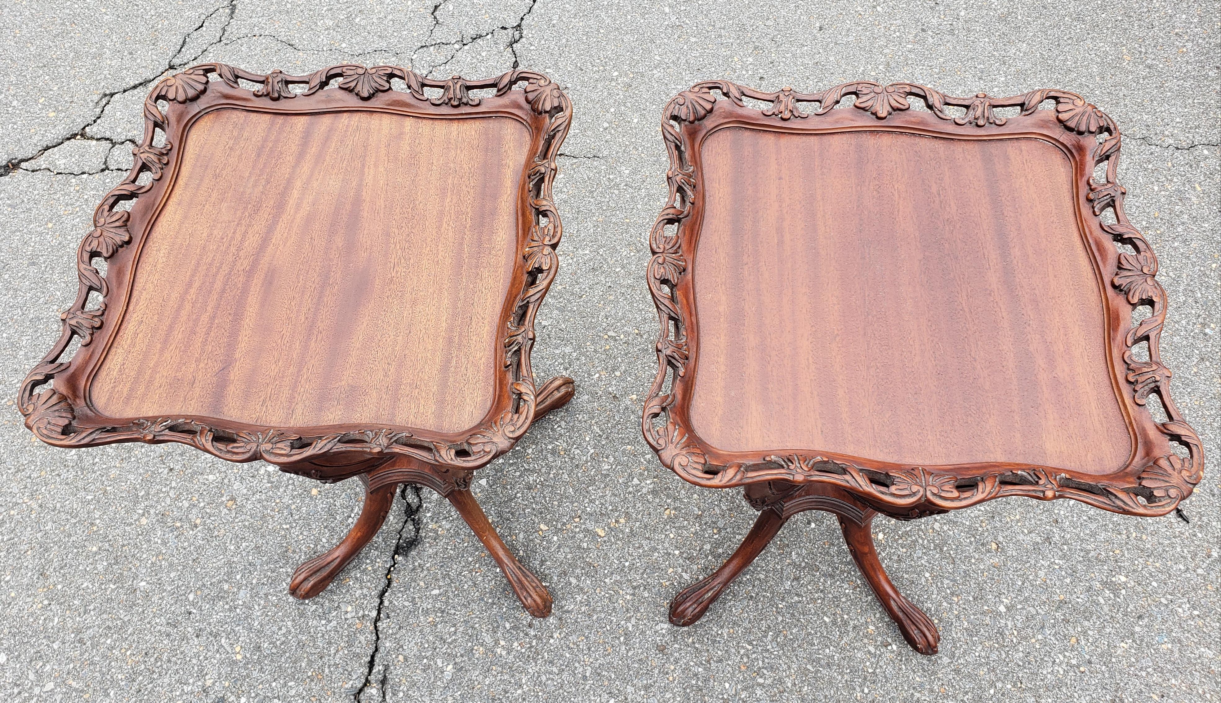 20th Century Pair of George III Style Carved Galleried Mahogany Quadpod Paw Feet Side Tables  For Sale