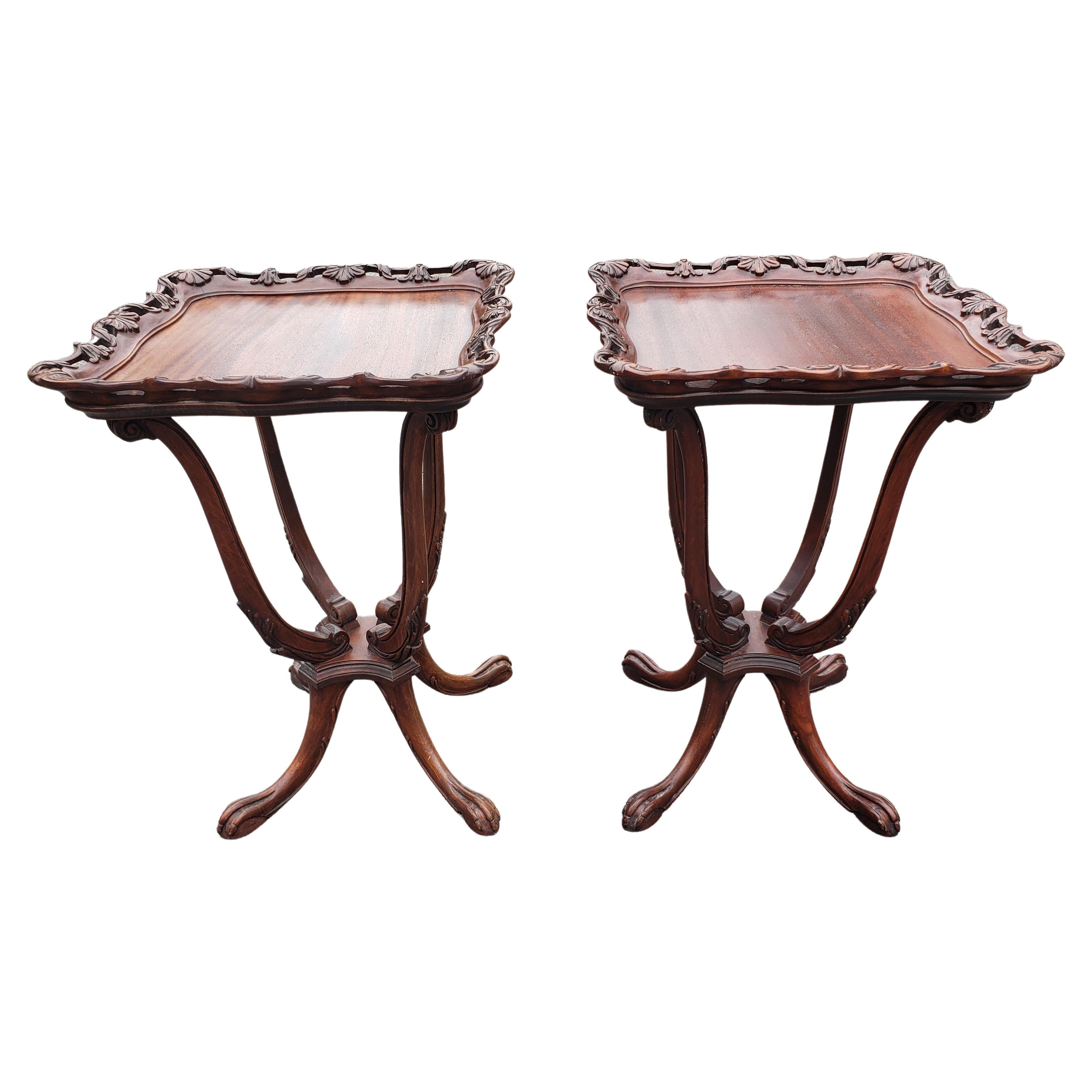 Pair of George III Style Carved Galleried Mahogany Quadpod Paw Feet Side Tables 