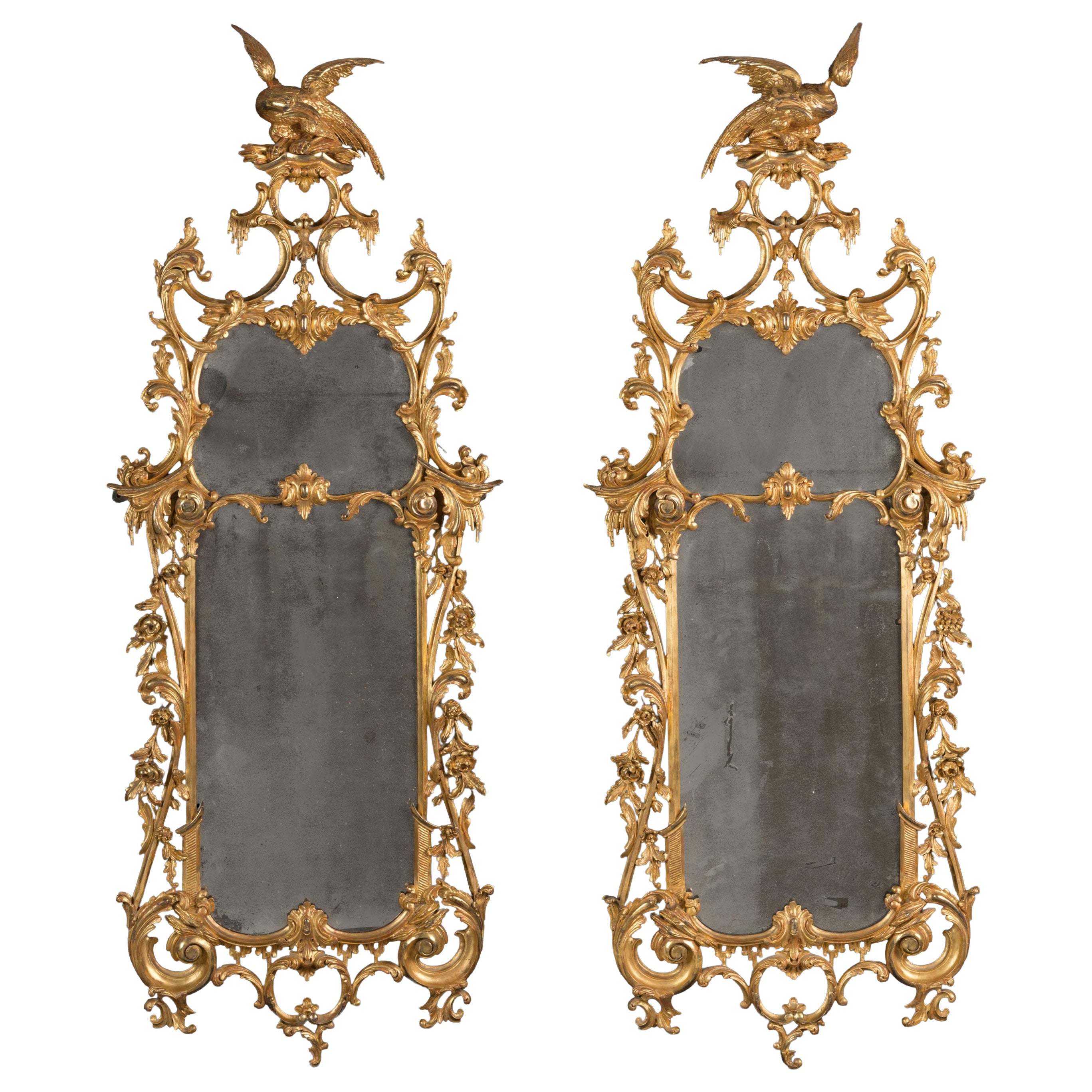 Pair of George III Style Chinese Chippendale Giltwood Mirrors, 19th Century