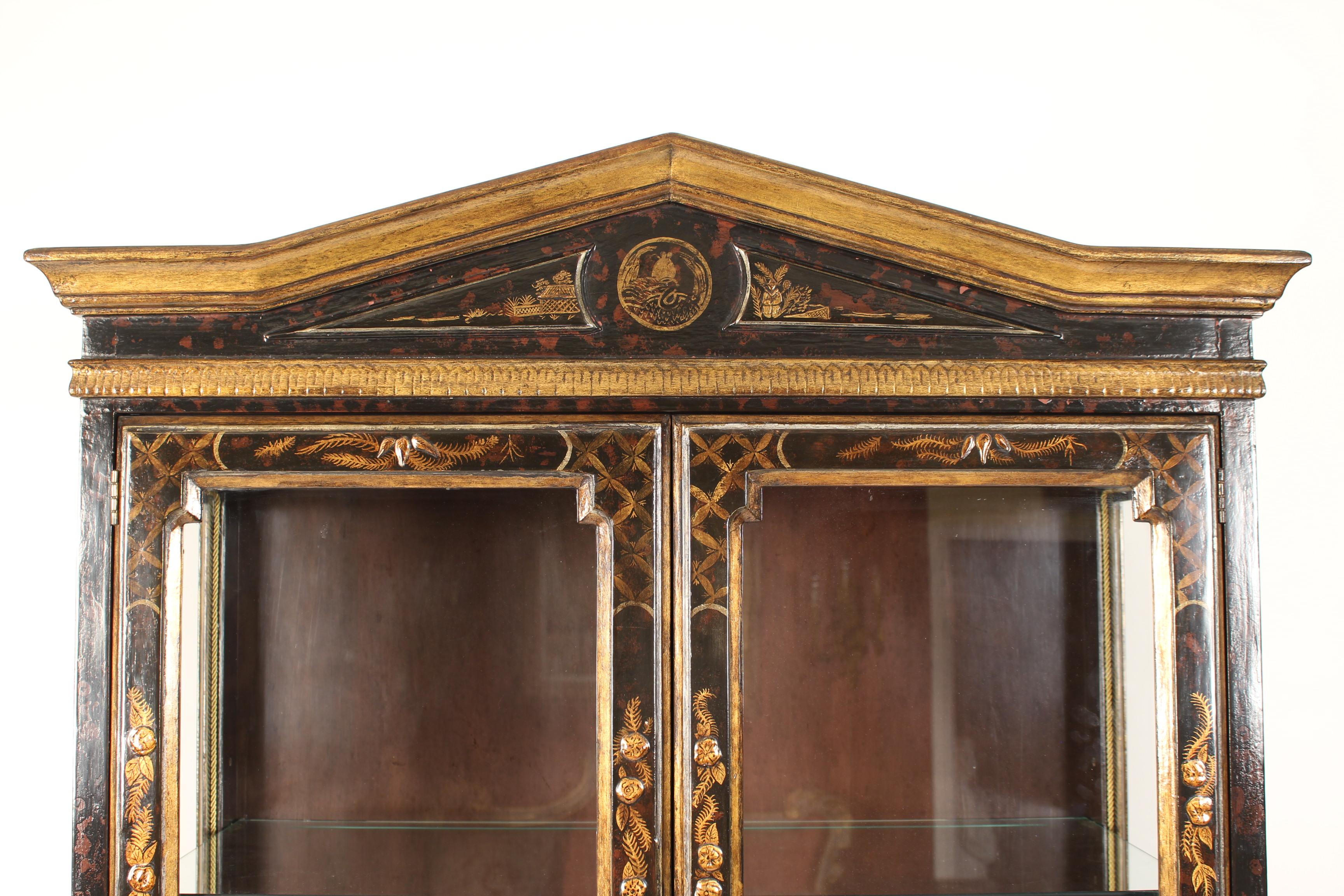 Brass Pair of George III Style Chinoiserie Decorated Display Cabinets