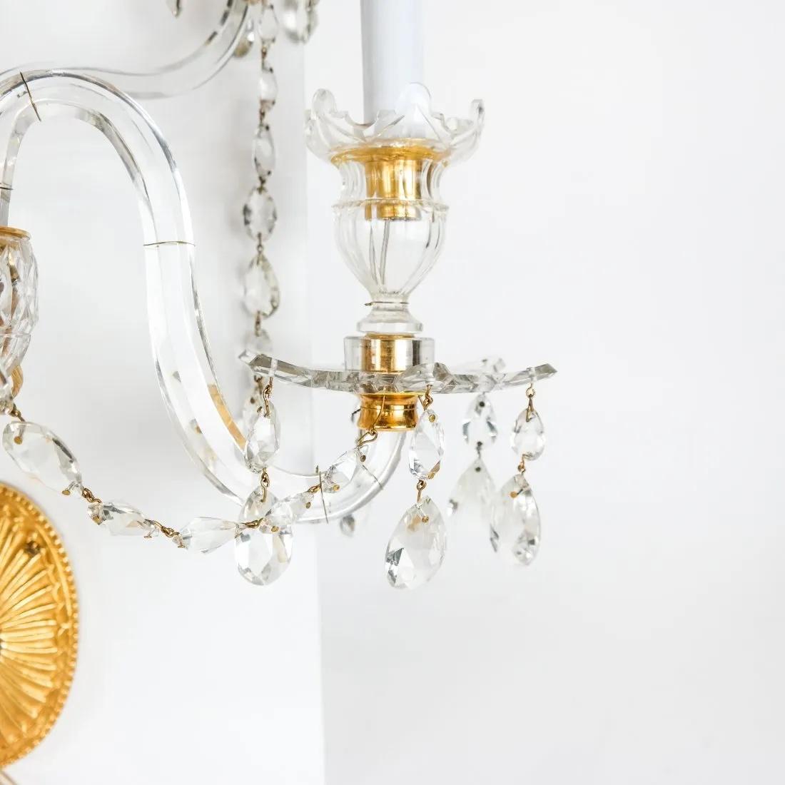 Pair of George III Style Cut Crystal and Ormolu Wall Sconces In Good Condition For Sale In Essex, MA