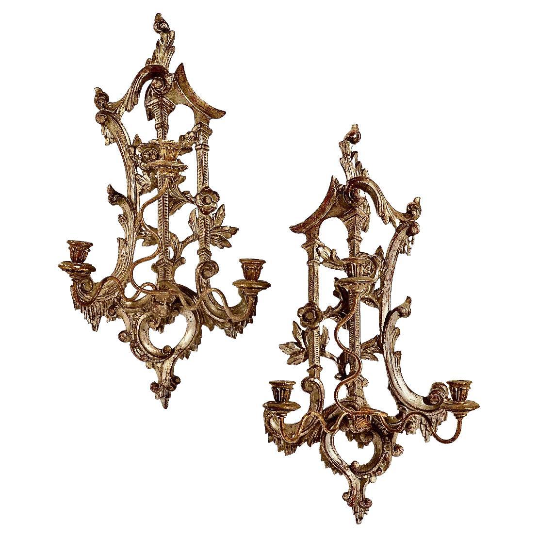 Pair of Chinoiserie George III-Style Giltwood Sconces For Sale