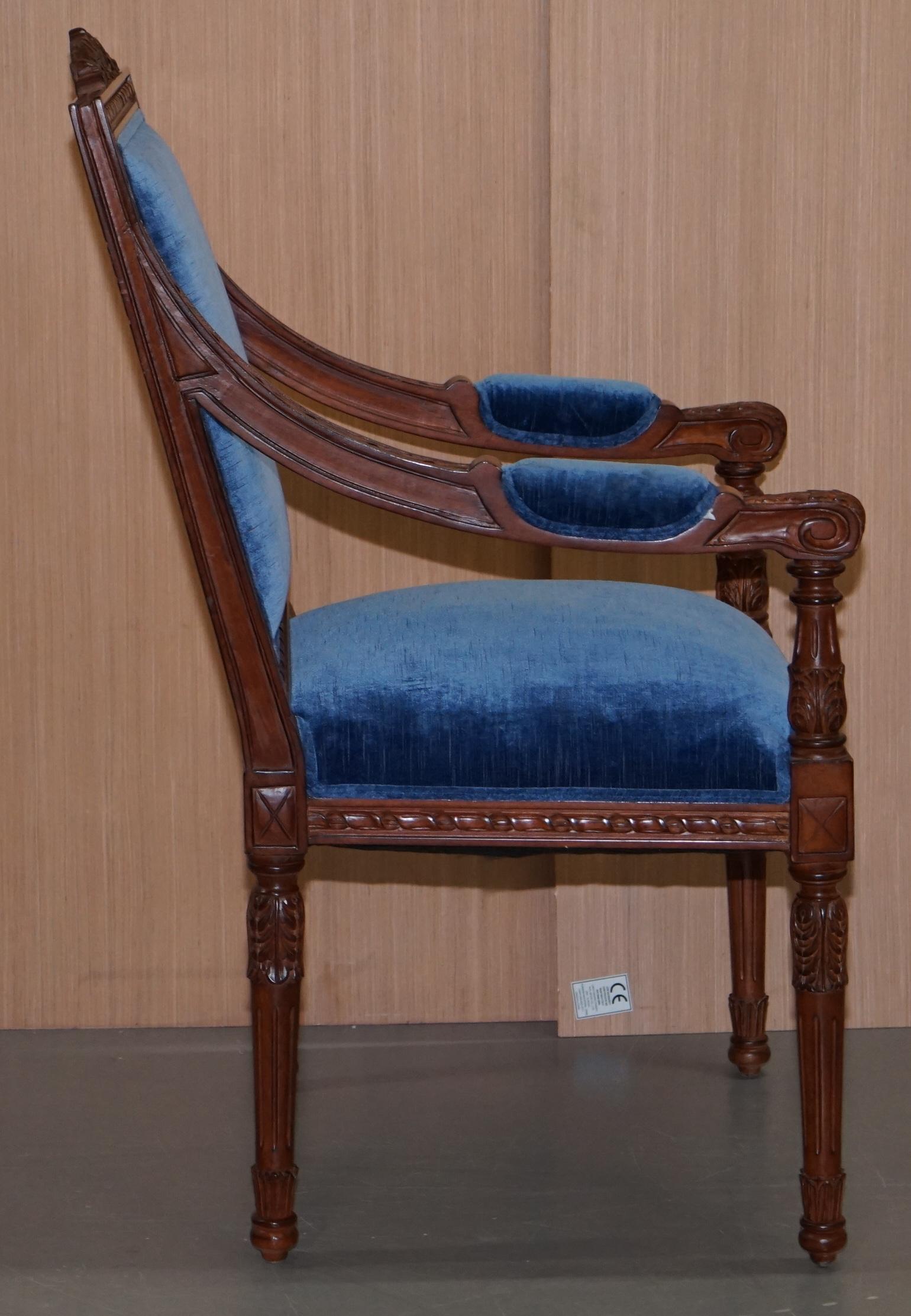 Pair of George III Style Hand Carved Mahogany Blue Velvet Upholstery Armchairs 5