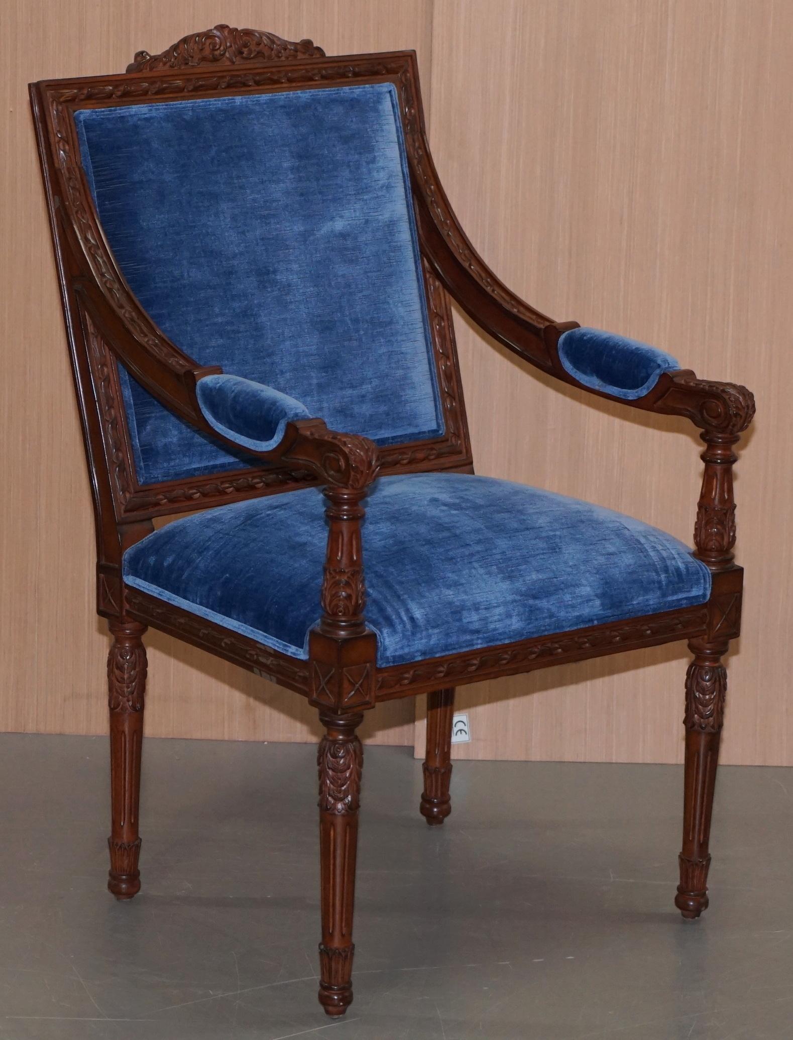 Pair of George III Style Hand Carved Mahogany Blue Velvet Upholstery Armchairs 7
