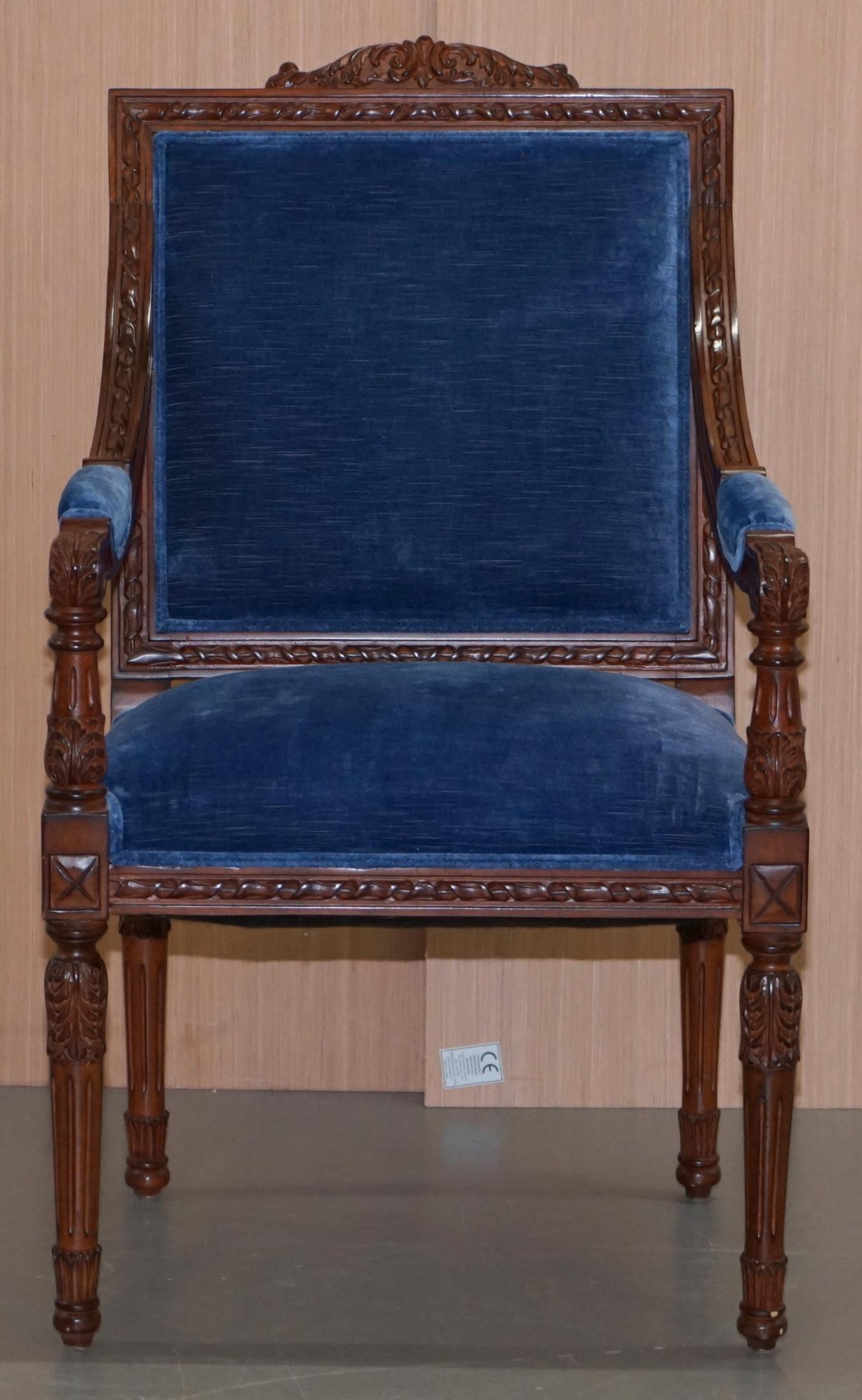 Pair of George III Style Hand Carved Mahogany Blue Velvet Upholstery Armchairs 8