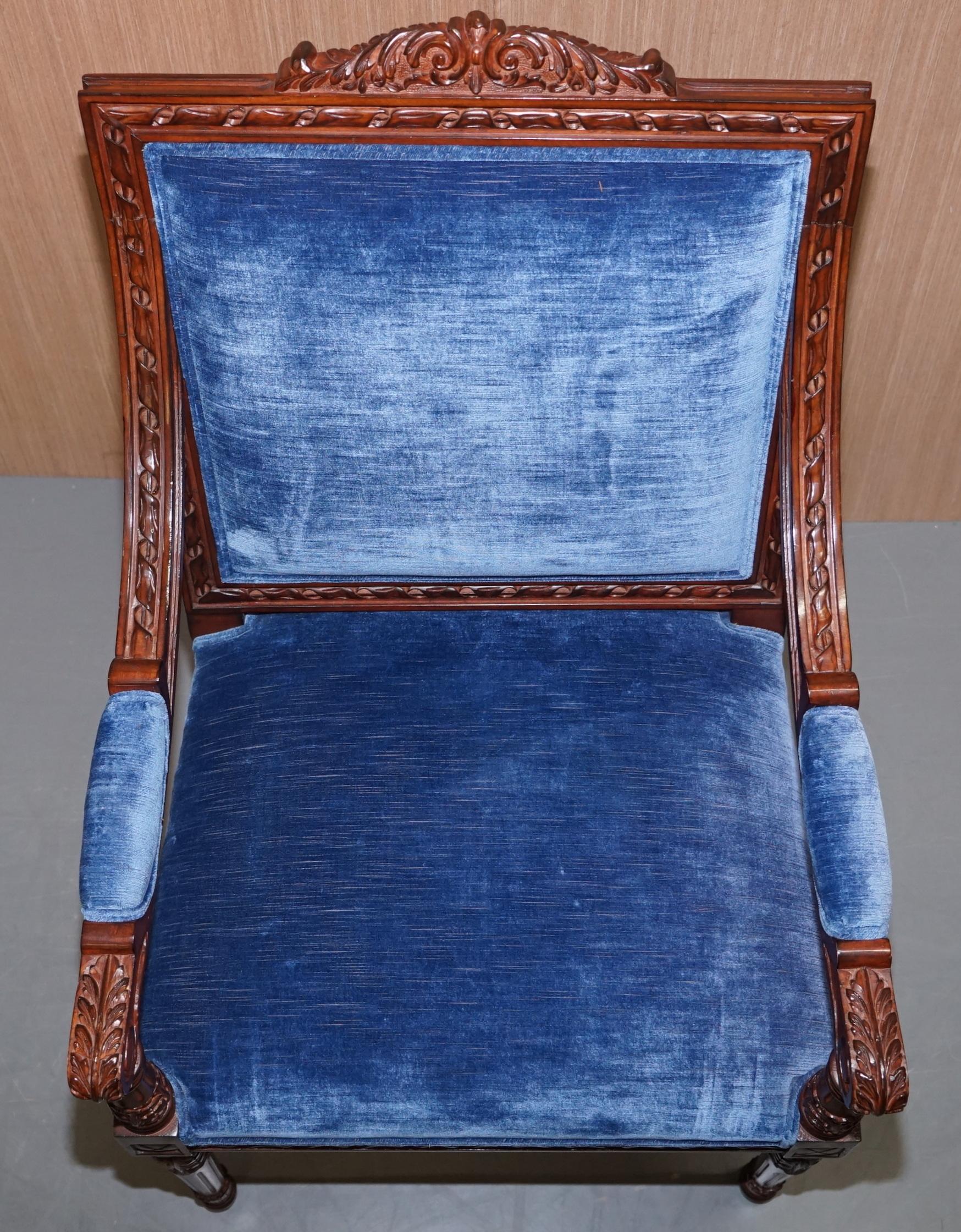 Pair of George III Style Hand Carved Mahogany Blue Velvet Upholstery Armchairs 11