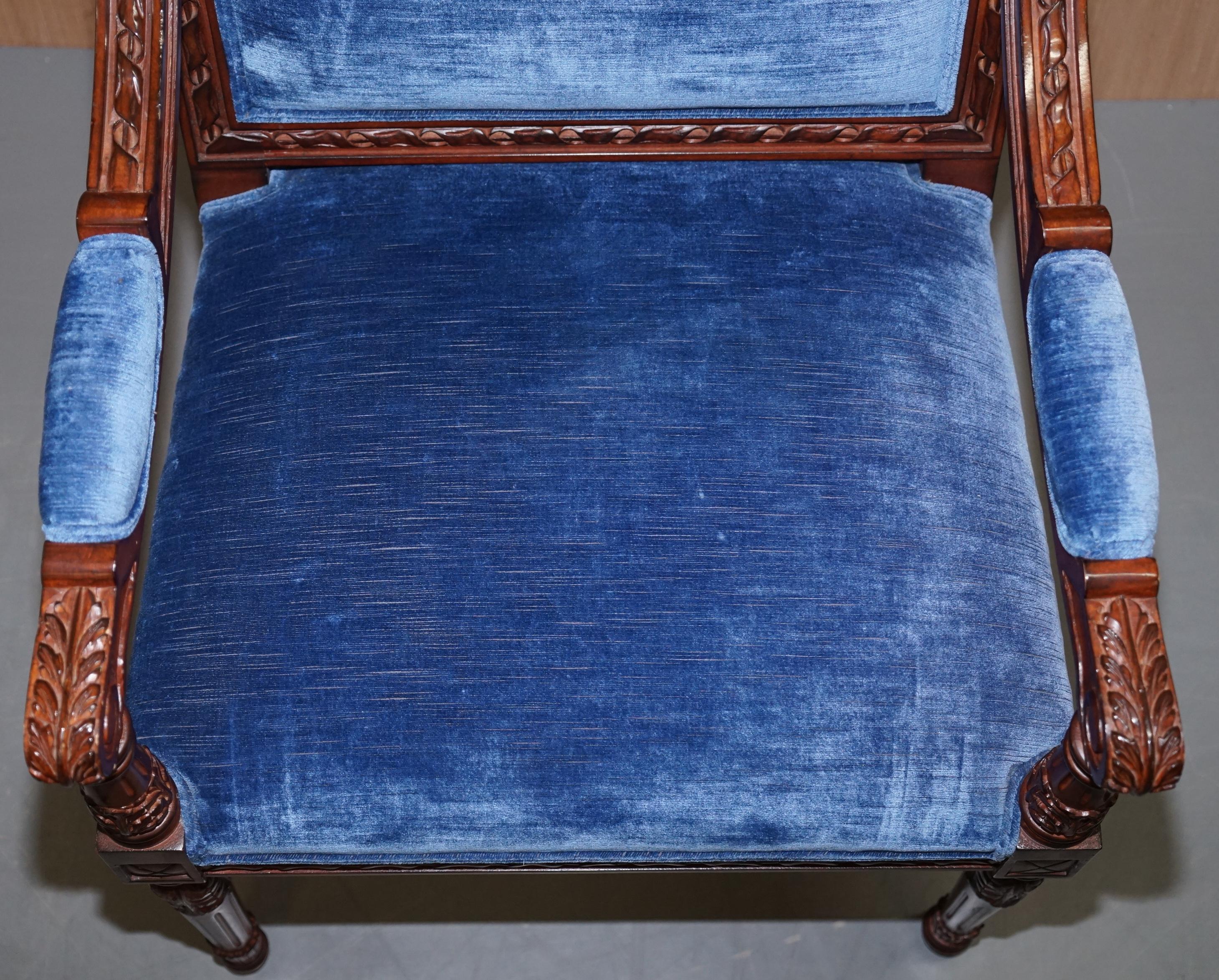Pair of George III Style Hand Carved Mahogany Blue Velvet Upholstery Armchairs 12