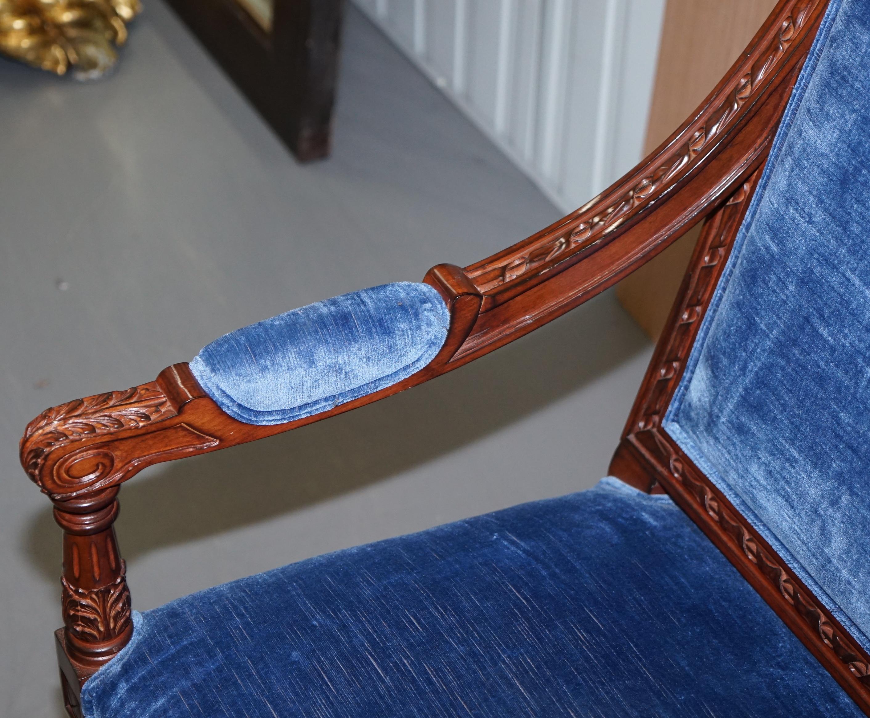Pair of George III Style Hand Carved Mahogany Blue Velvet Upholstery Armchairs 13