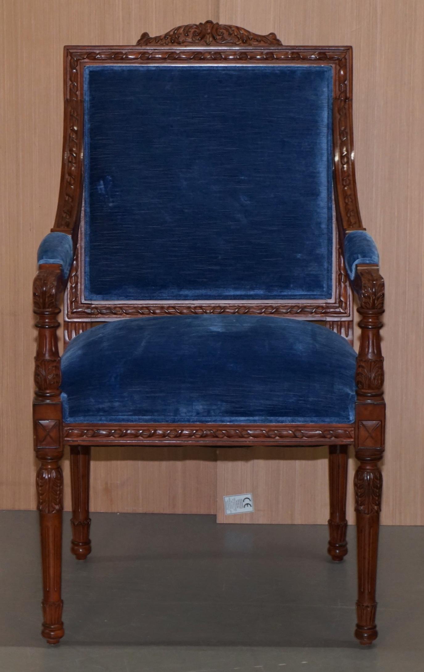 English Pair of George III Style Hand Carved Mahogany Blue Velvet Upholstery Armchairs