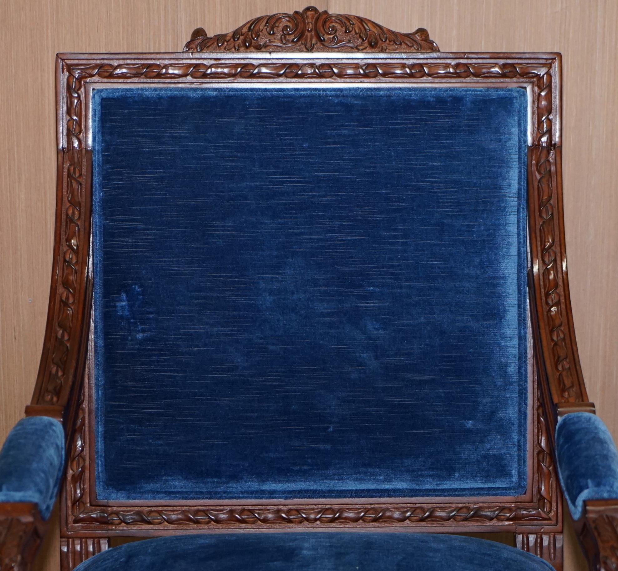 Hand-Crafted Pair of George III Style Hand Carved Mahogany Blue Velvet Upholstery Armchairs