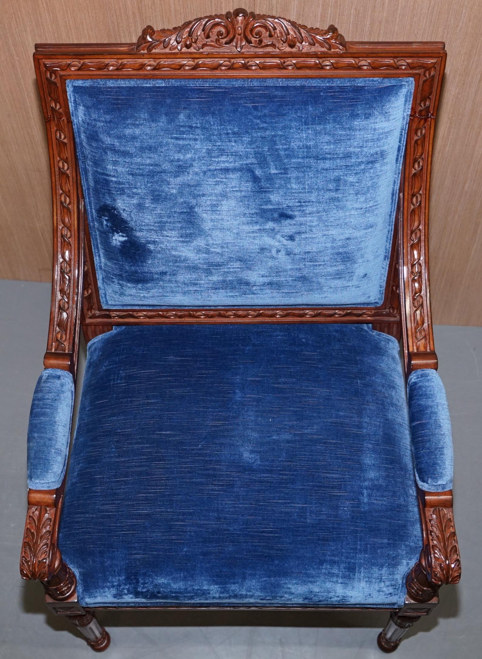 Pair of George III Style Hand Carved Mahogany Blue Velvet Upholstery Armchairs 1
