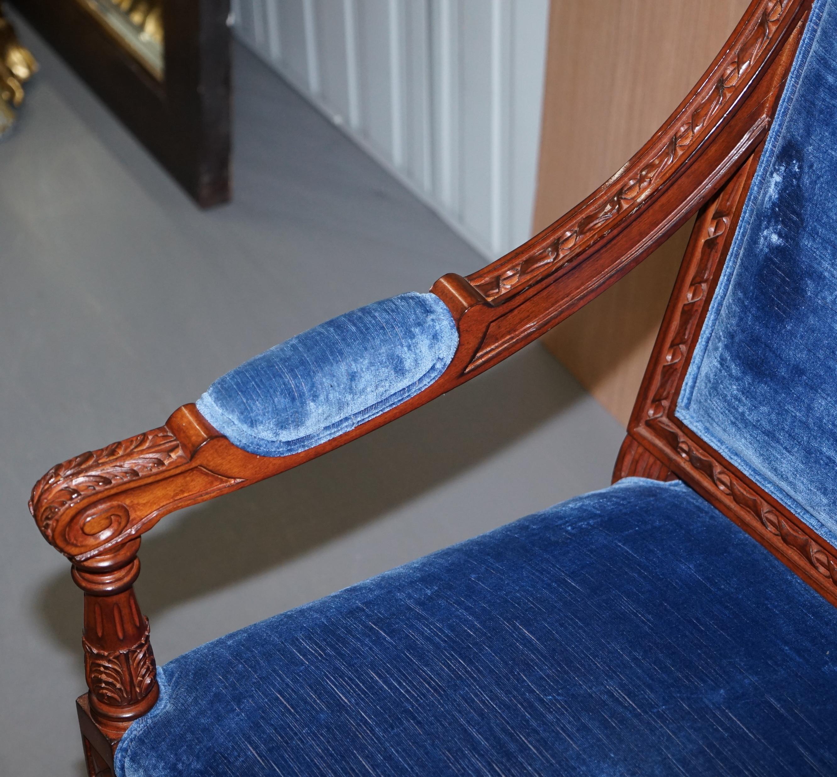 Pair of George III Style Hand Carved Mahogany Blue Velvet Upholstery Armchairs 2