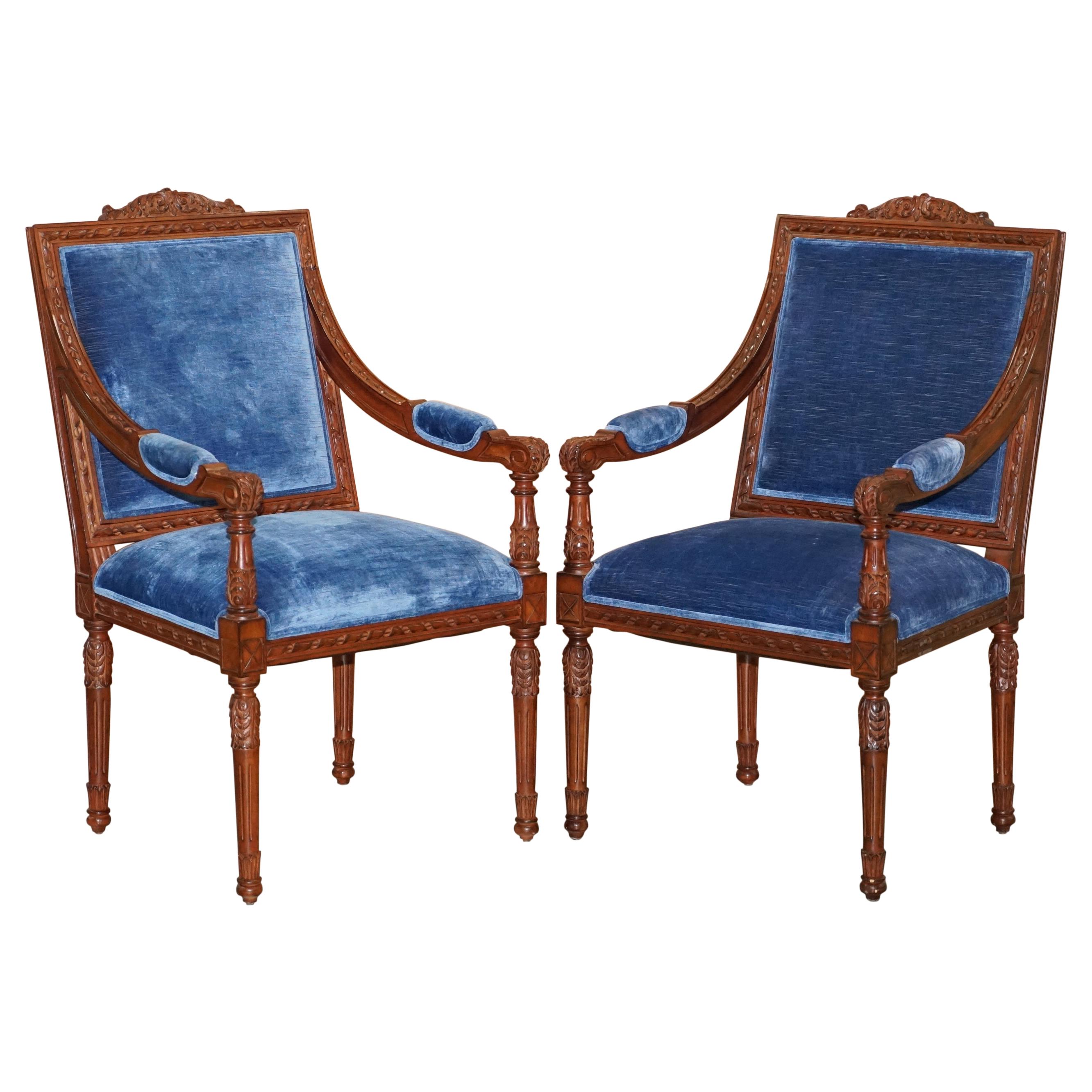 Pair of George III Style Hand Carved Mahogany Blue Velvet Upholstery Armchairs