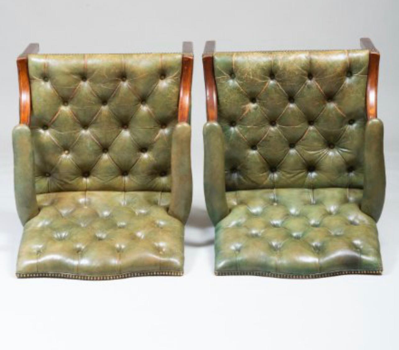 Pair of George III Style Mahogany Armchairs in Green Tufted Leather 5