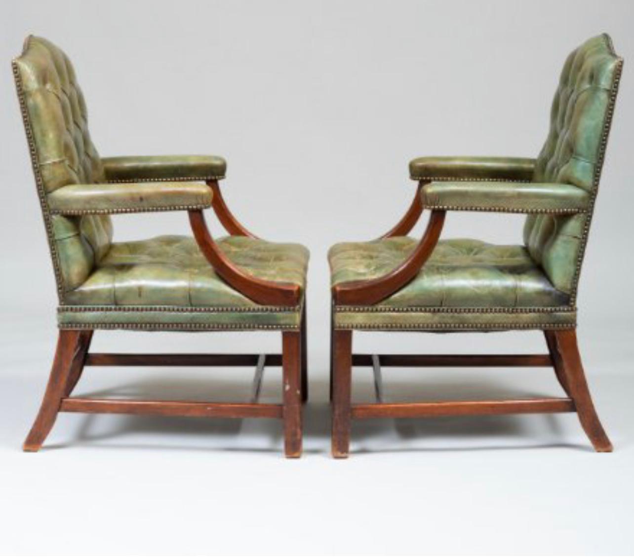 Pair of George III Style Mahogany Armchairs in Green Tufted Leather 6