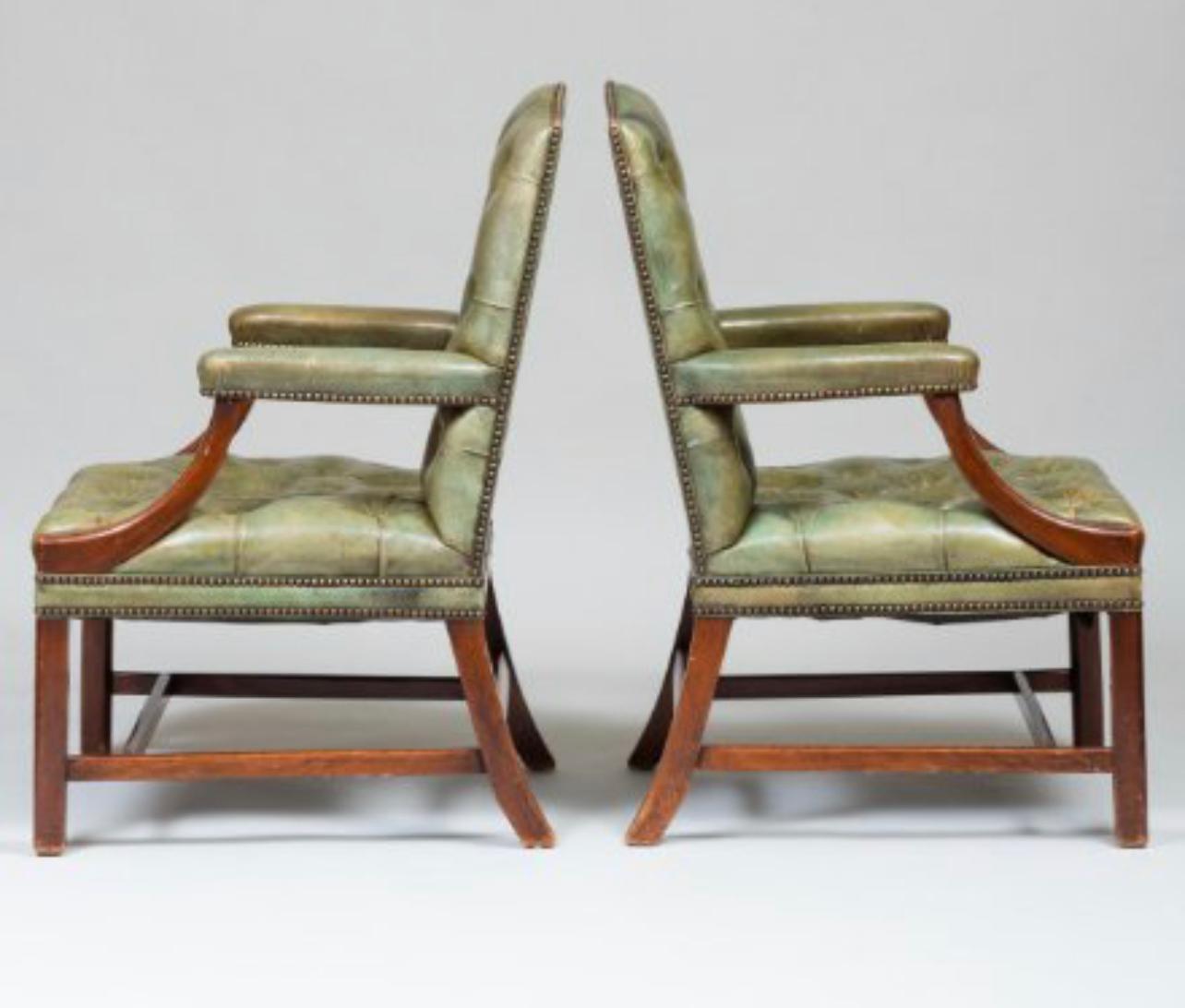 Pair of George III Style Mahogany Armchairs in Green Tufted Leather 7