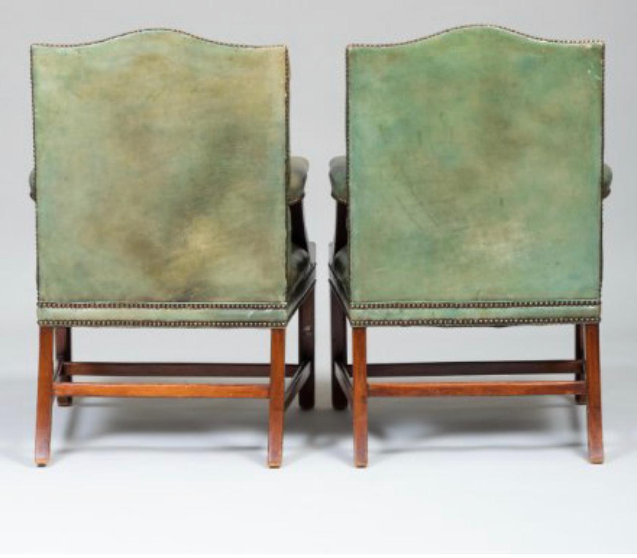 Pair of George III Style Mahogany Armchairs in Green Tufted Leather 8