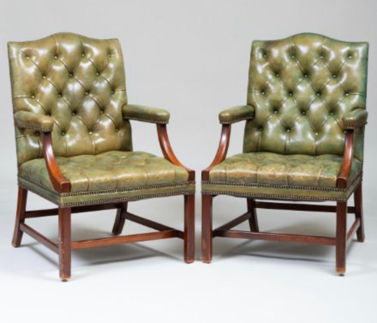 Pair of George III Style Mahogany Armchairs in Green Tufted Leather 9