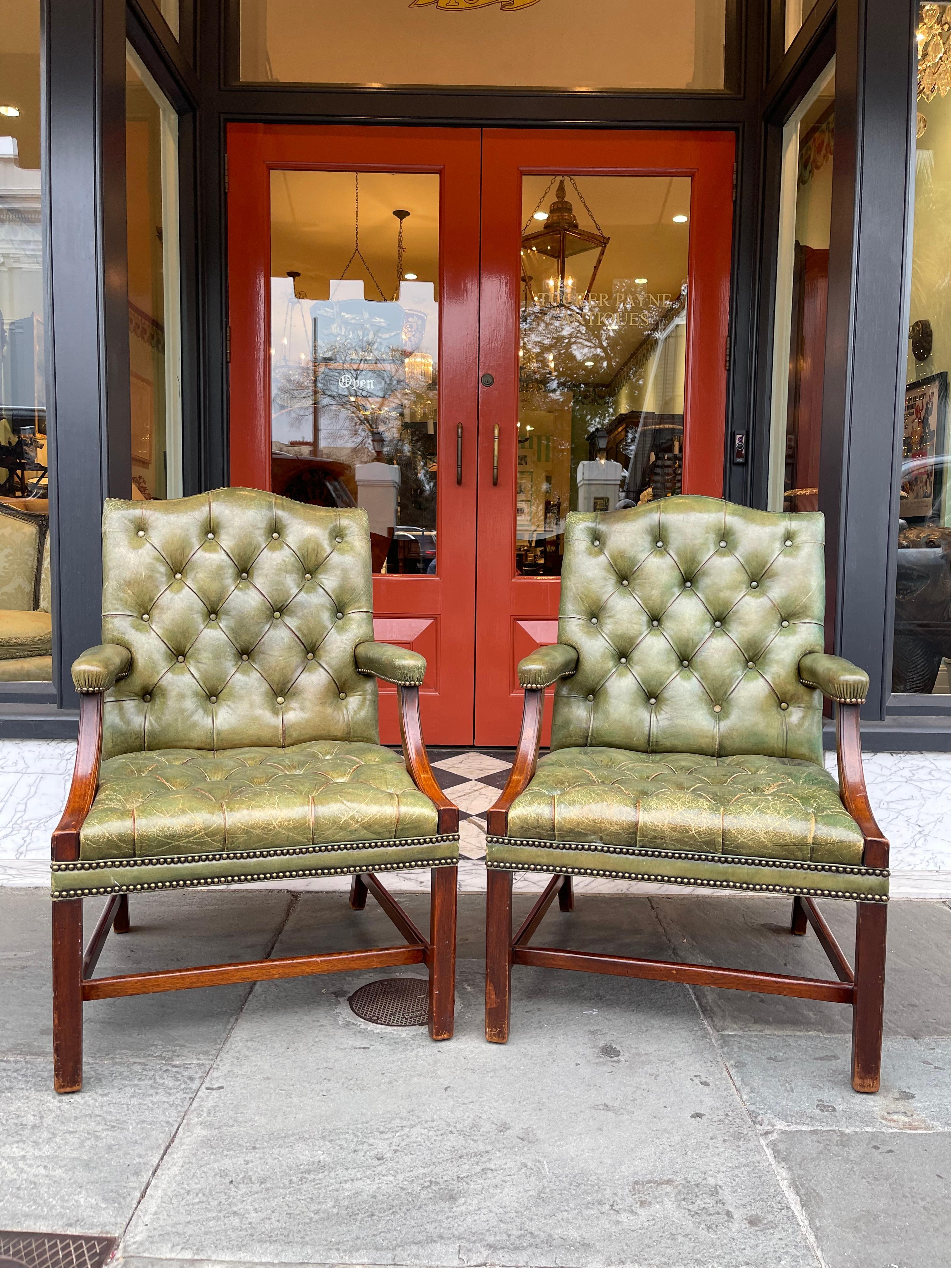 Pair of George III Style Mahogany Armchairs in Green Tufted Leather 1