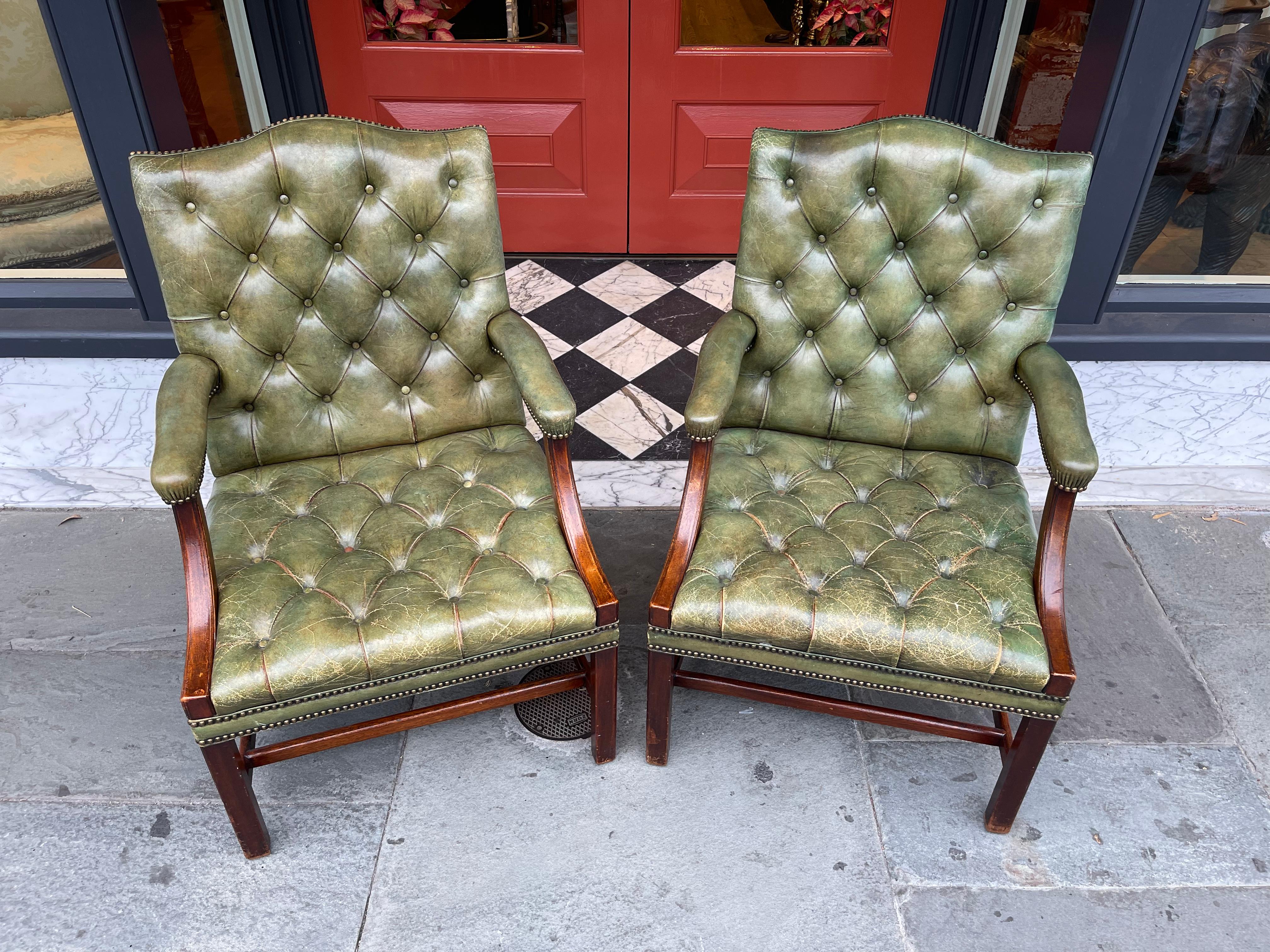 Pair of George III Style Mahogany Armchairs in Green Tufted Leather 2