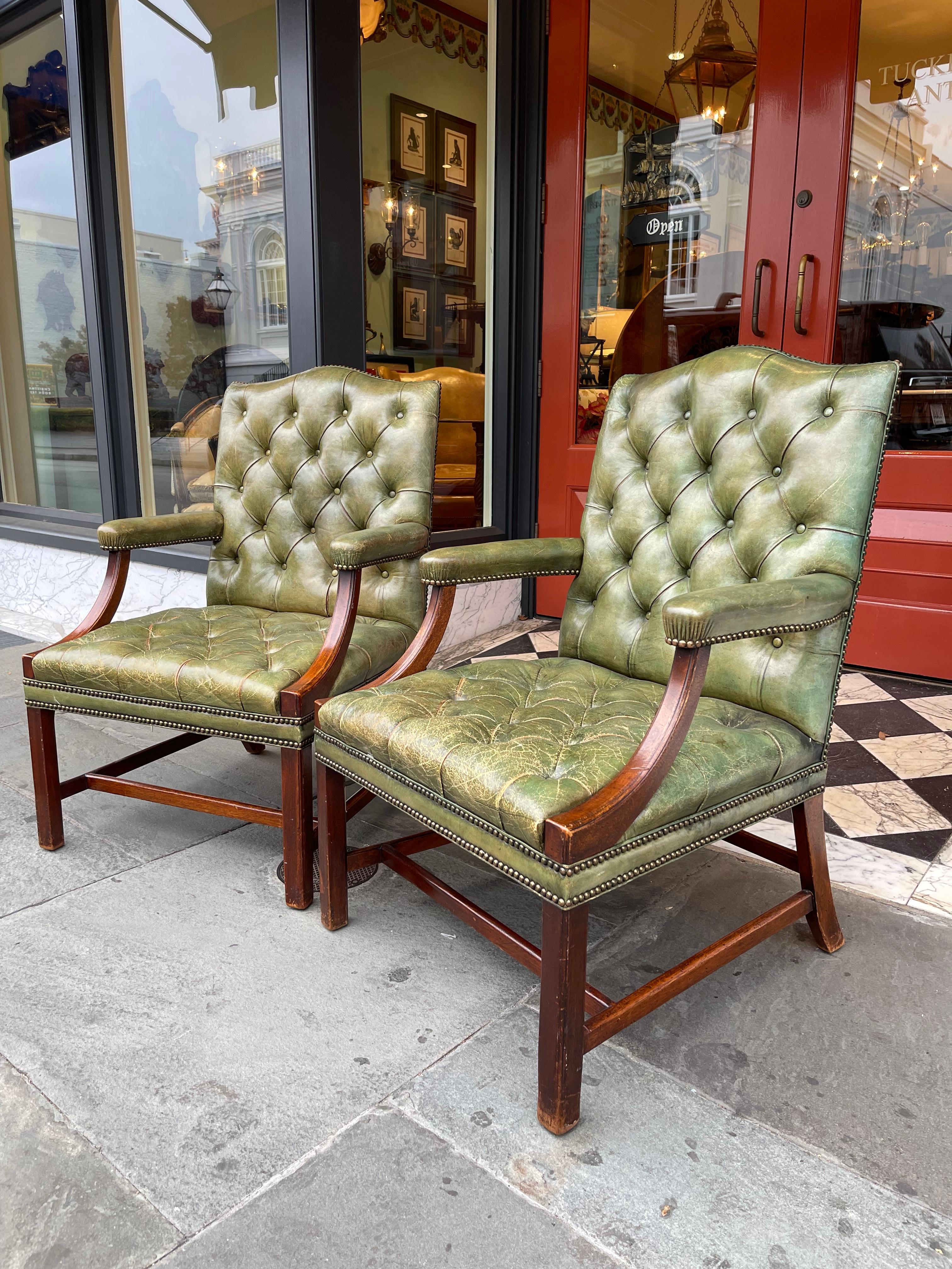 Pair of George III Style Mahogany Armchairs in Green Tufted Leather 3