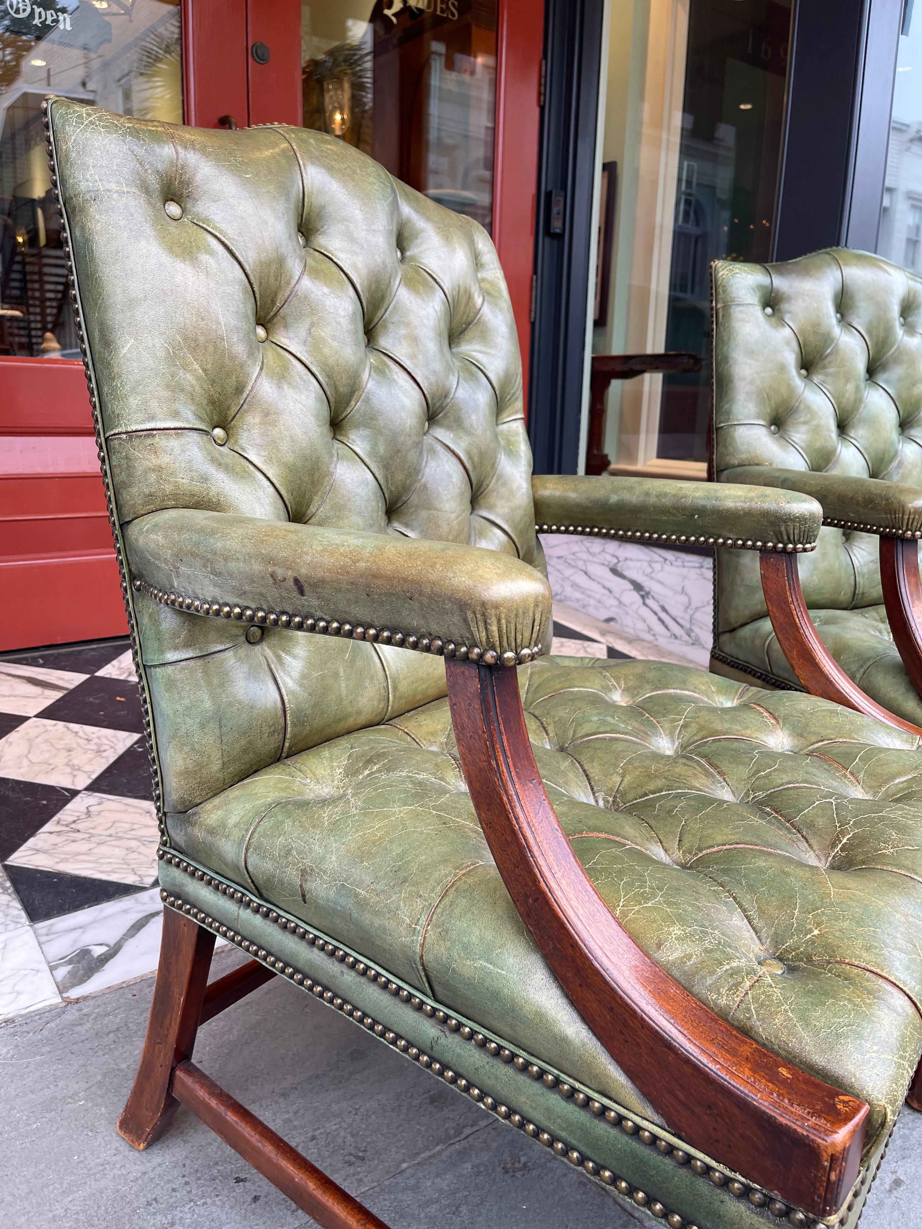 Pair of George III Style Mahogany Armchairs in Green Tufted Leather 4