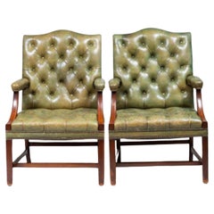 Pair of George III Style Mahogany Armchairs in Green Tufted Leather